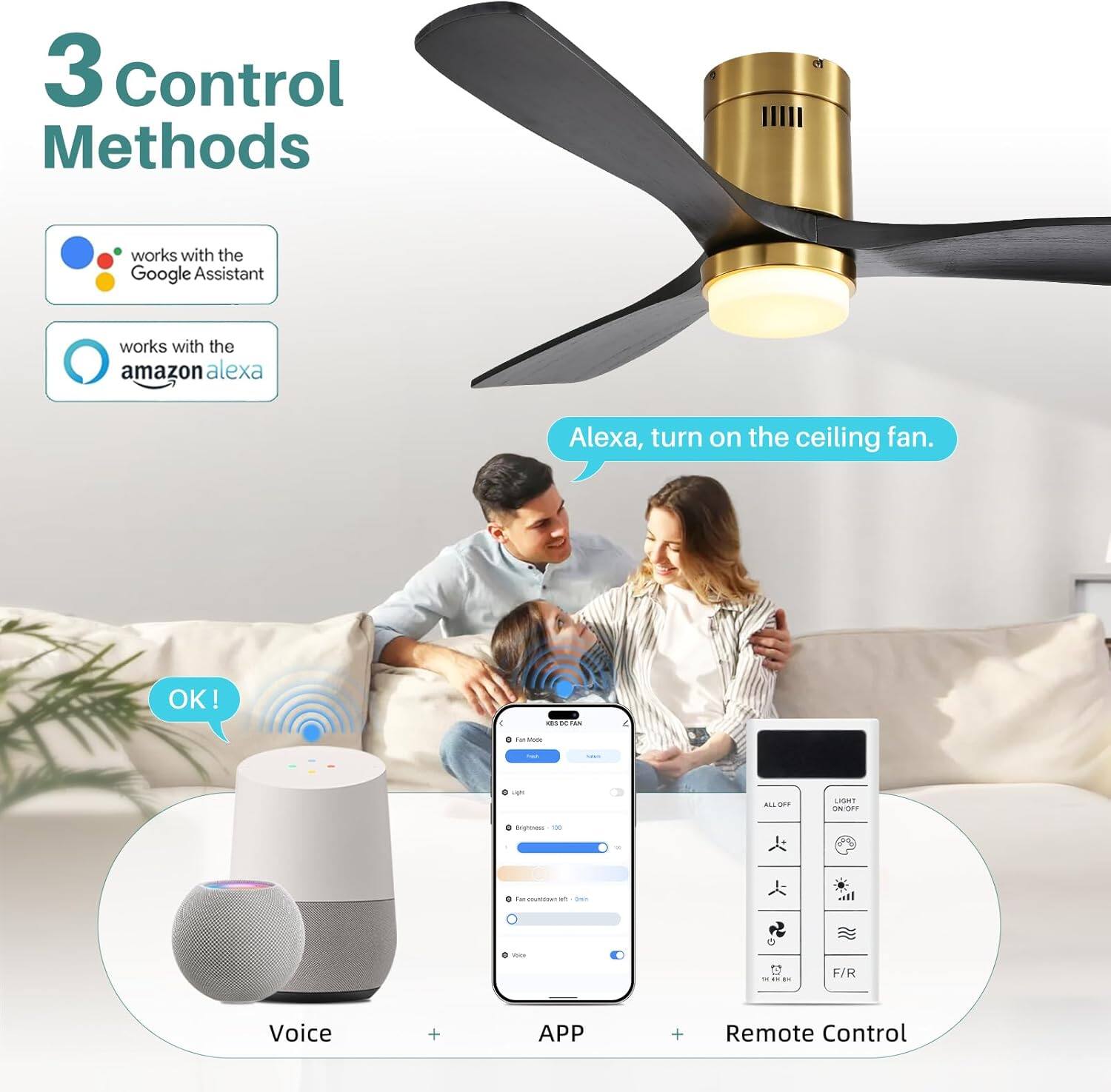3 Control Methods

- works with the Google Assistant
- works with the amazon alexa

Alexa, turn on the ceiling fan.

OK!

Voice + APP + Remote Control