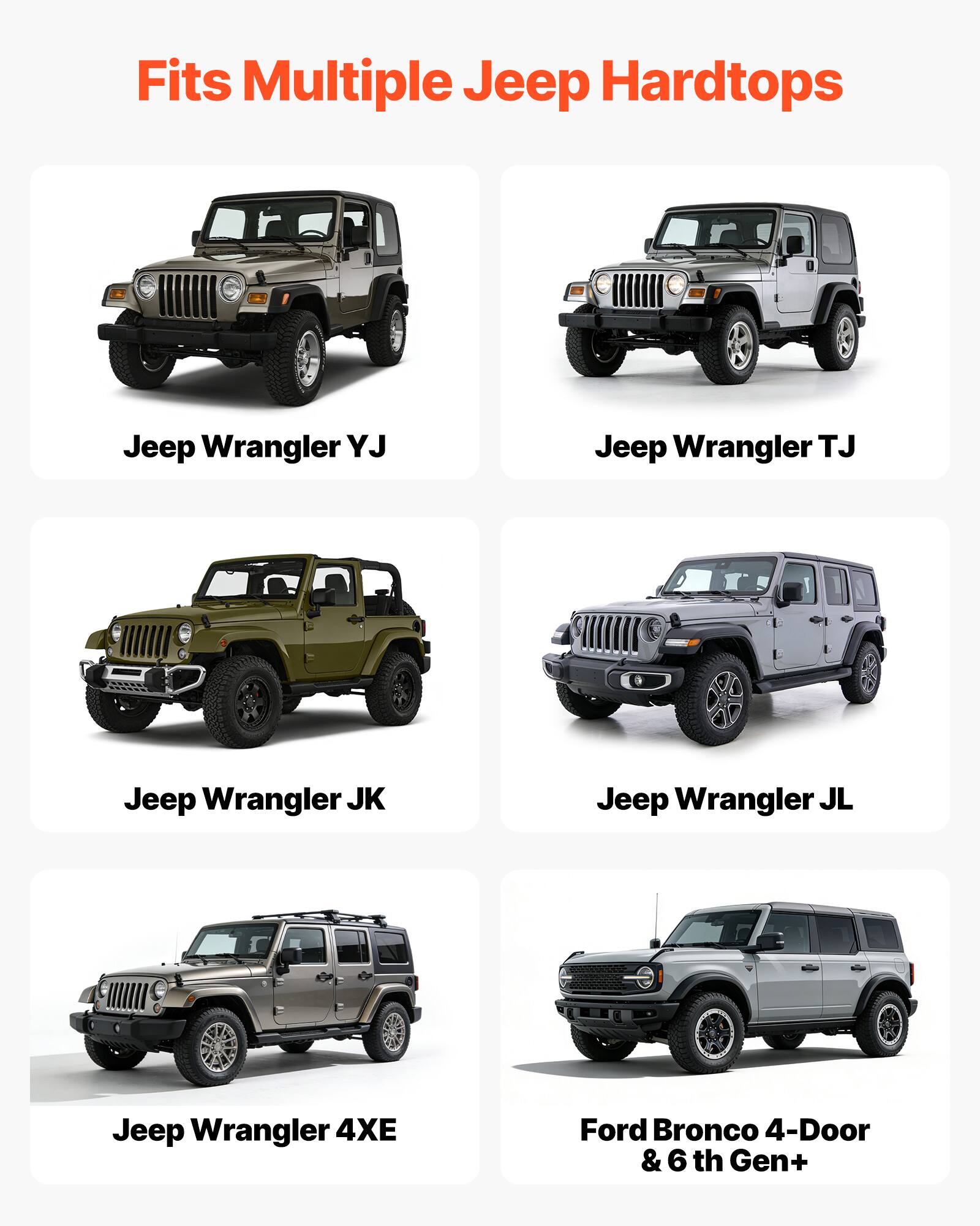 Fits Multiple Jeep Hardtops  
Jeep Wrangler YJ  
Jeep Wrangler TJ  
Jeep Wrangler JK  
Jeep Wrangler JL  
Jeep Wrangler 4XE  
Ford Bronco 4-Door & 6th Gen+