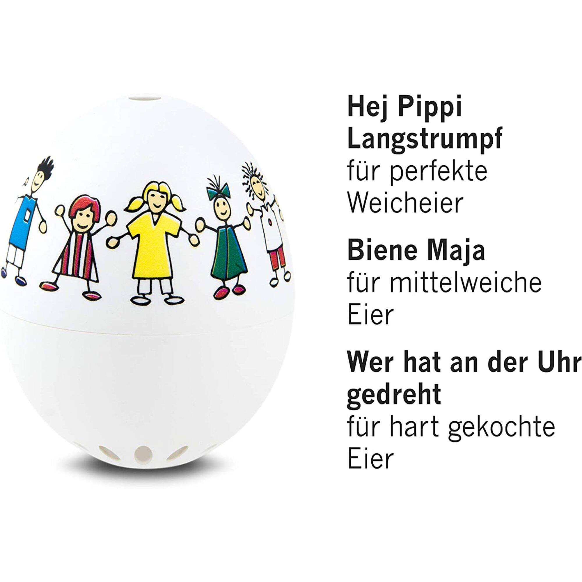 Hej Pippi Langstrumpf für perfekte Weicheier  
Biene Maja für mittelweiche Eier  
Wer hat an der Uhr gedreht für hart gekochte Eier