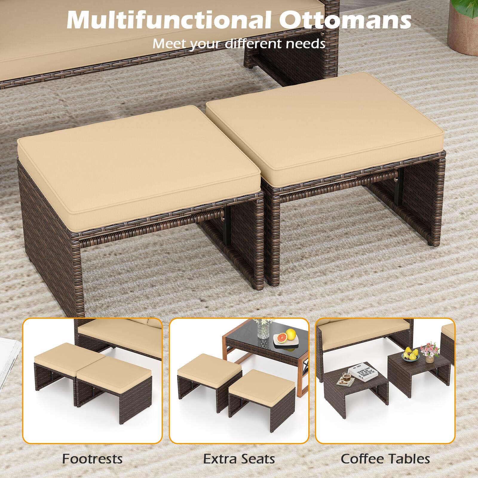 Multifunctional Ottomans  
Meet your different needs  

L  
Footrests  
Extra Seats  
Coffee Tables