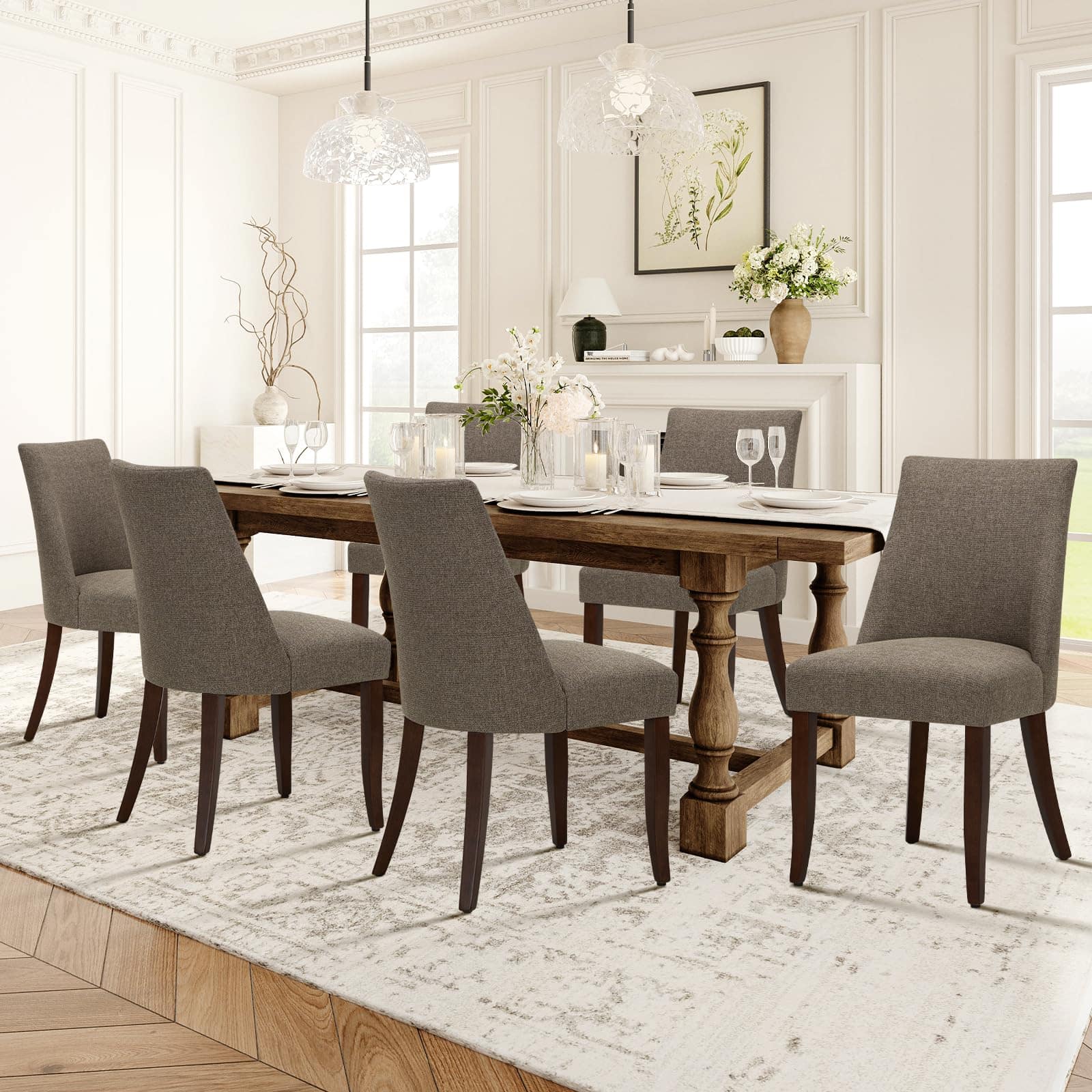 JETRANSPORT - Upholstered Dining Chairs Set Of 2 Mid Century Modern Kitchen With Farmhouse Fabric Side Room Wood For Rest - Brown Set of 6 Upholstered Dining Chairs