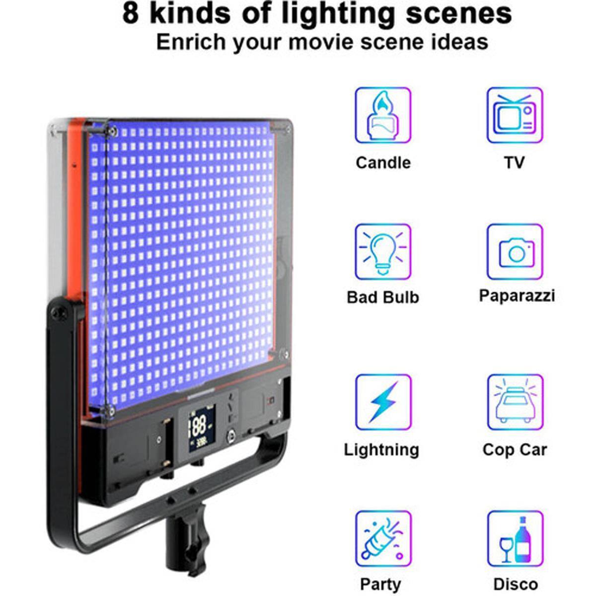 8 kinds of lighting scenes  
Enrich your movie scene ideas  
Candle  
TV  
Bad Bulb  
Paparazzi  
Lightning  
Cop Car  
Party  
Disco
