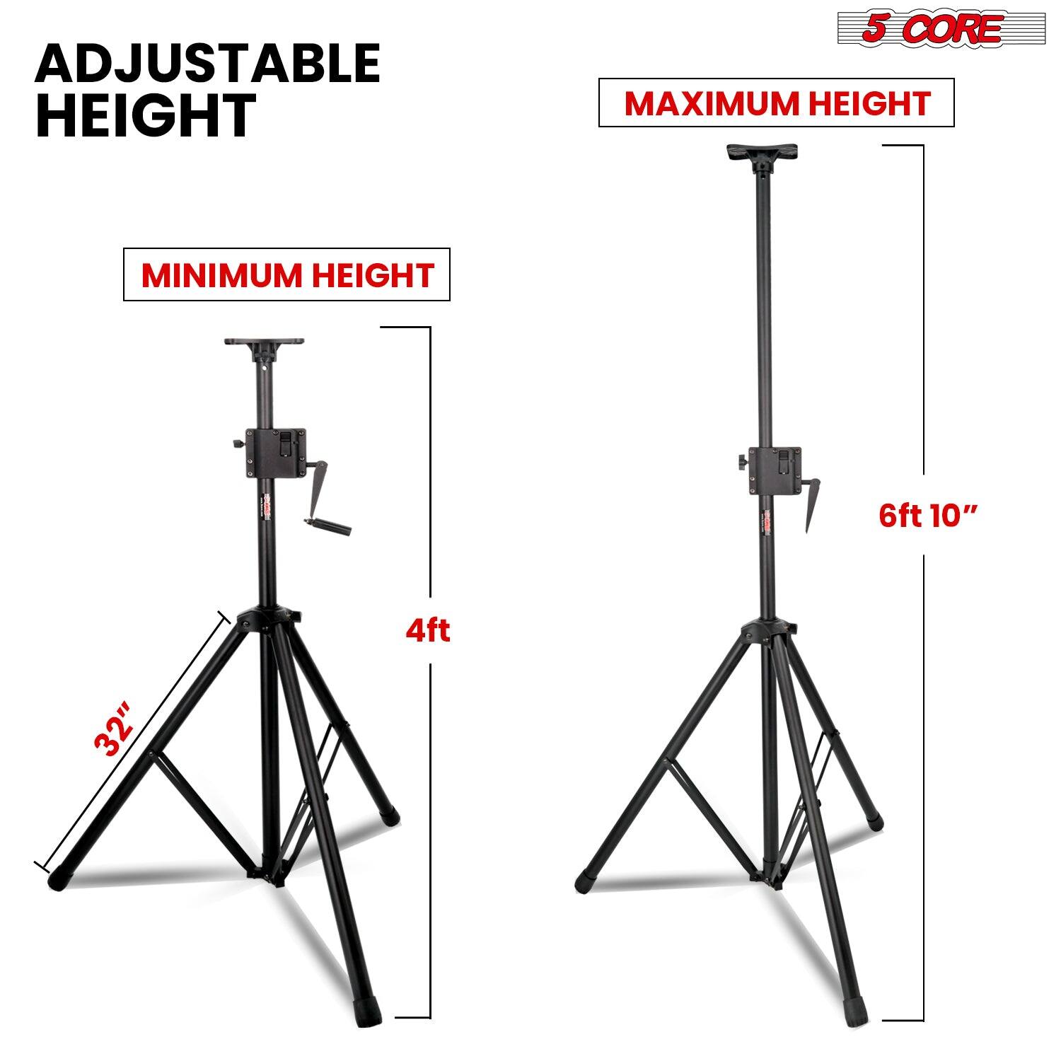The text in the image can be grouped and corrected as follows:

- **Adjustable Height**
- **5 Core**
- **Maximum Height:** 6ft 10"
- **Minimum Height:** 4ft 32"