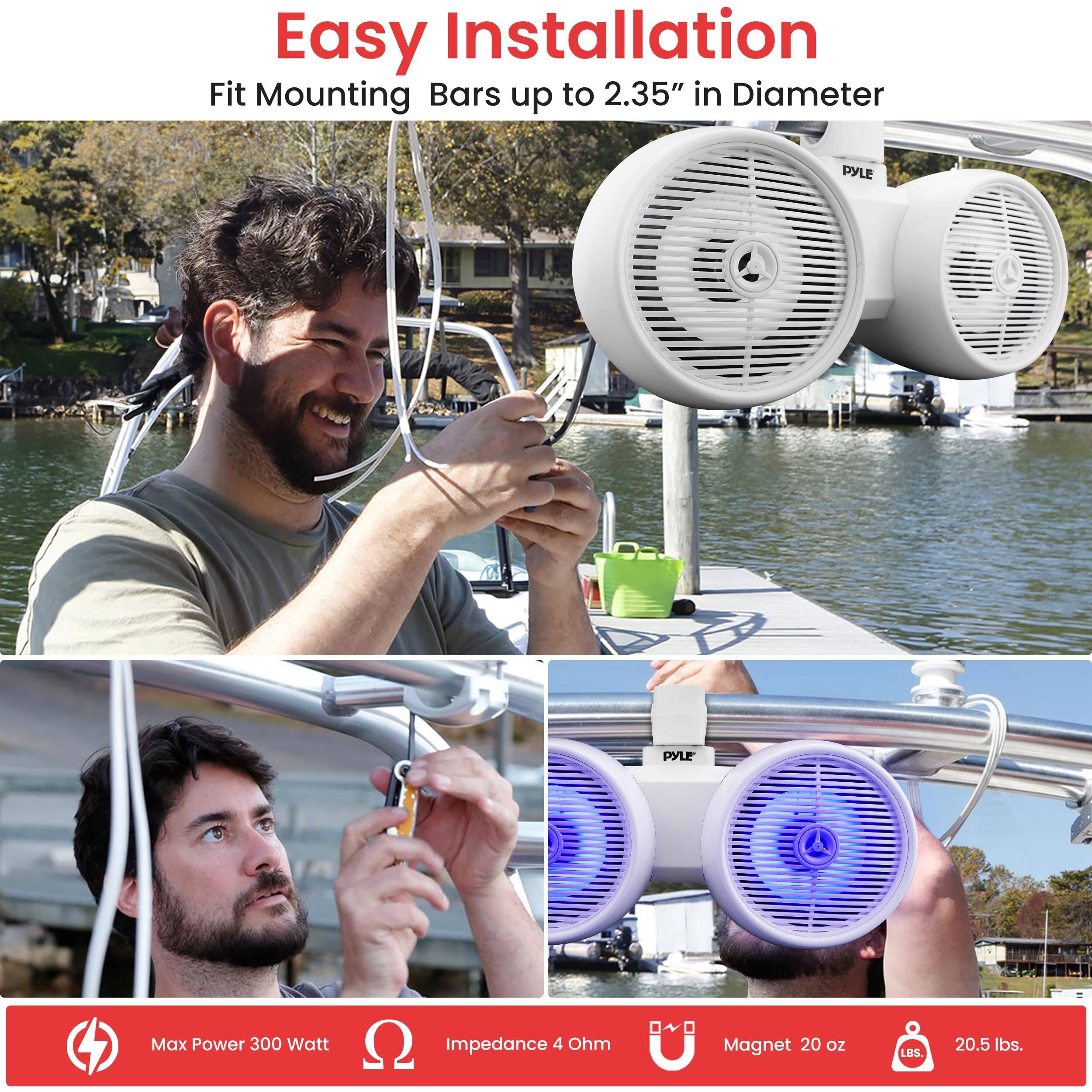 Easy Installation, Fit Mounting Bars up to 2.35" in Diameter, PYLE, Max Power 300 Watt, Impedance 4 Ohm, Magnet 20 oz, 20.5 lbs.