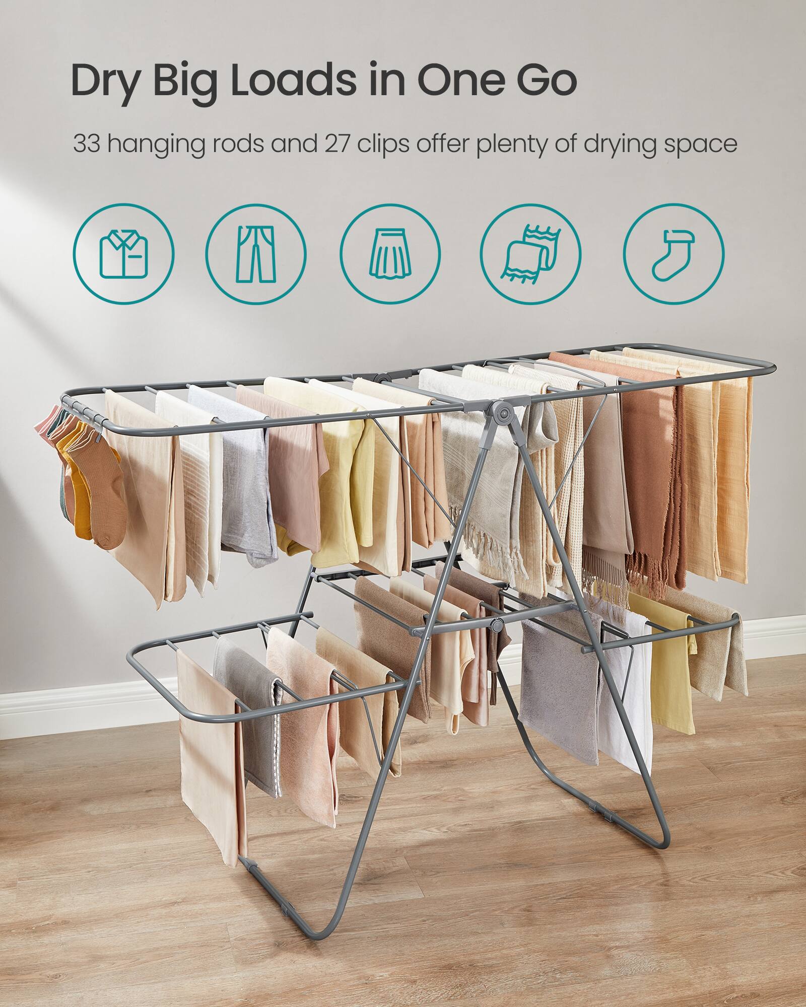 Dry Big Loads in One Go  
33 hanging rods and 27 clips offer plenty of drying space