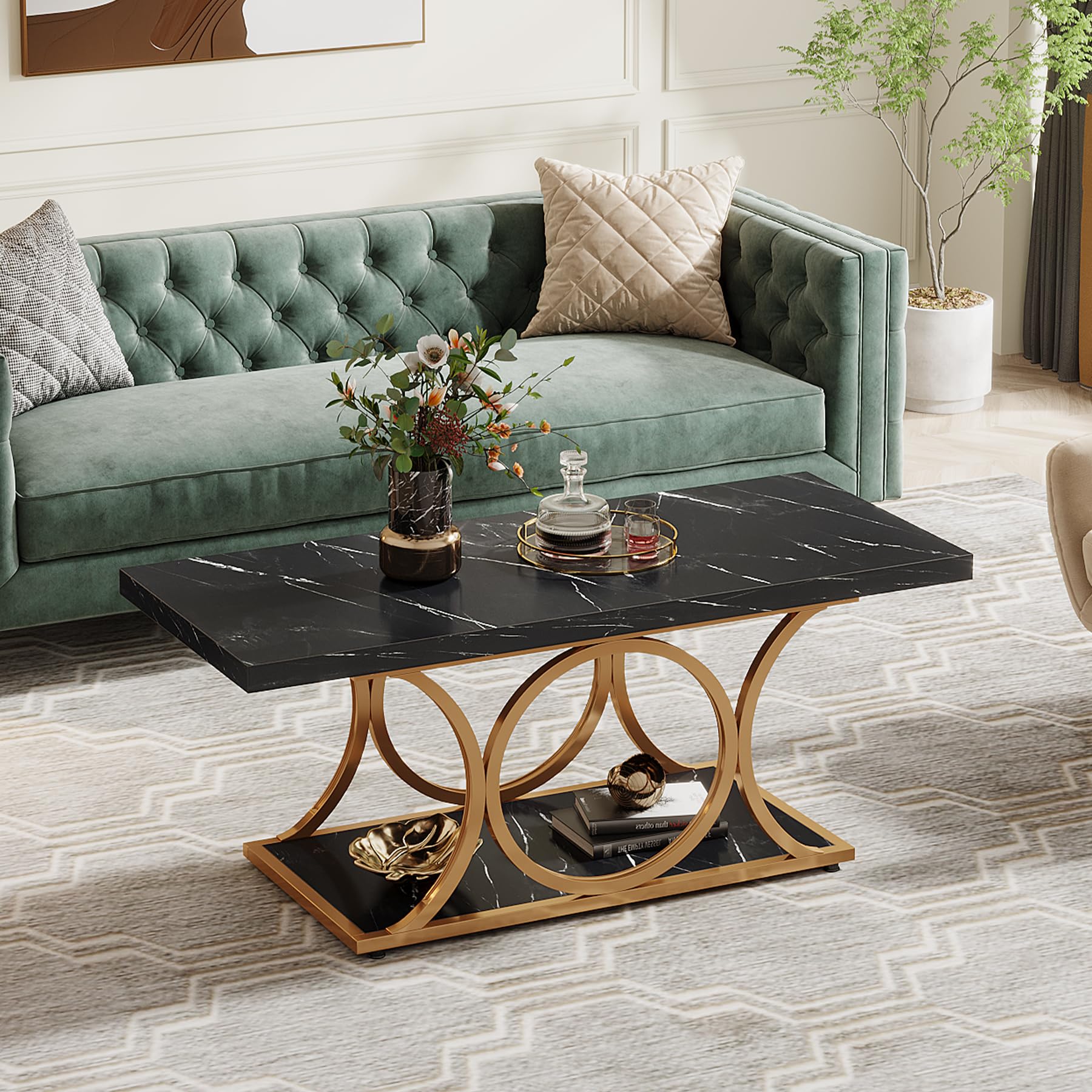 Alt View 3. Tribesigns - Rectangle Coffee Table, 47.24-inch Modern Coffee Tables for Living Room, 2-Tier Faux Marble Wood Coffee Table with Geome - Black & Gold.