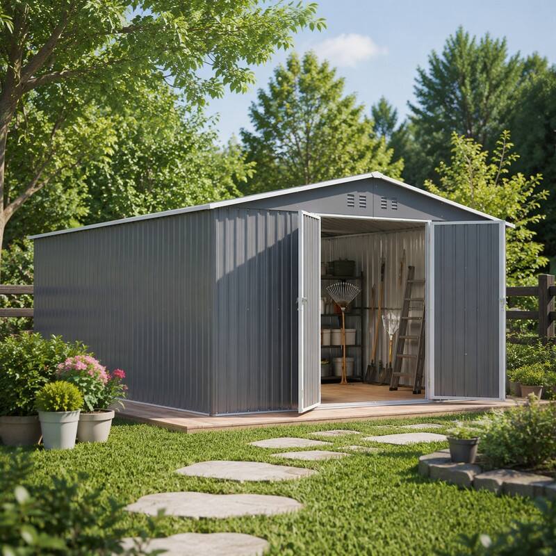 Angle. RYHNUYNE - 11x13 ft Metal Shed 140.5 sq ft Galvanized Steel Lockable Door 4 Vents Weatherproof - Gray.