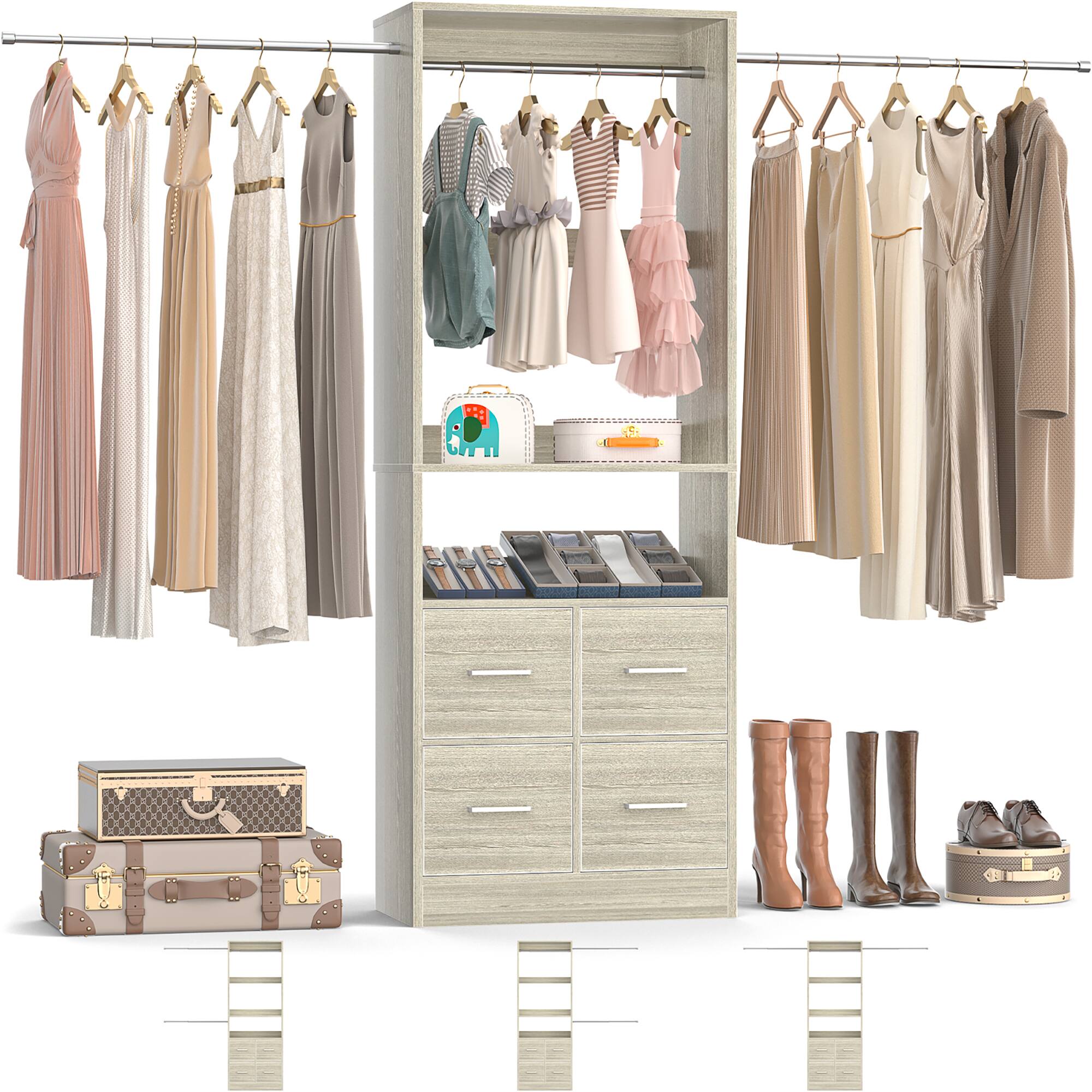 Angle. Aheaplus - 25'' - 104'' Adjustable Closet Organizer System, Walk-in Hanging Closet with 4 Fabric Drawers and 3 Hanging Rods - Beige Oak.