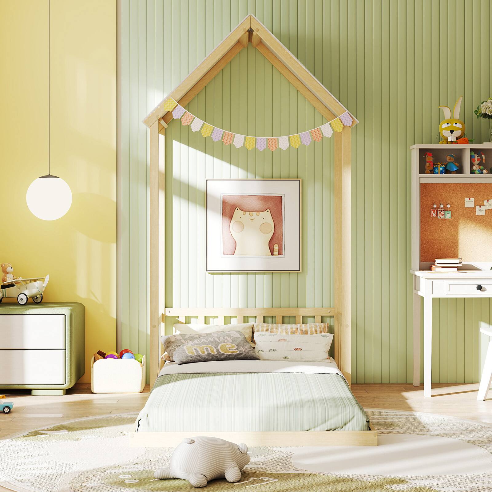 Alt View 2. Costway - Costway Twin Size House Bed Montessori Floor Bed with House Shape Roof & Semi-Fence - Natural.