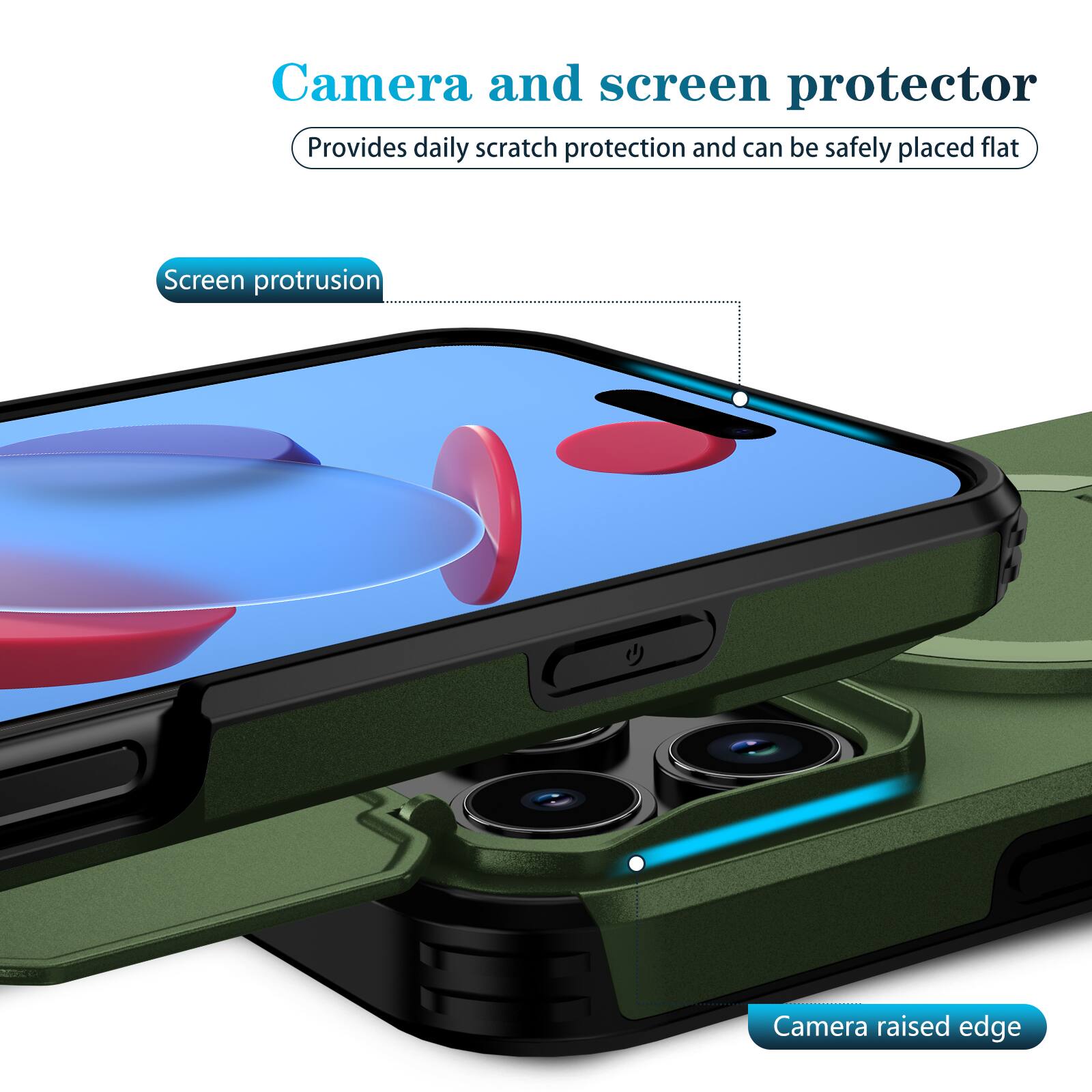 Camera and screen protector  
Provides daily scratch protection and can be safely placed flat  
Screen protrusion  
Camera raised edge