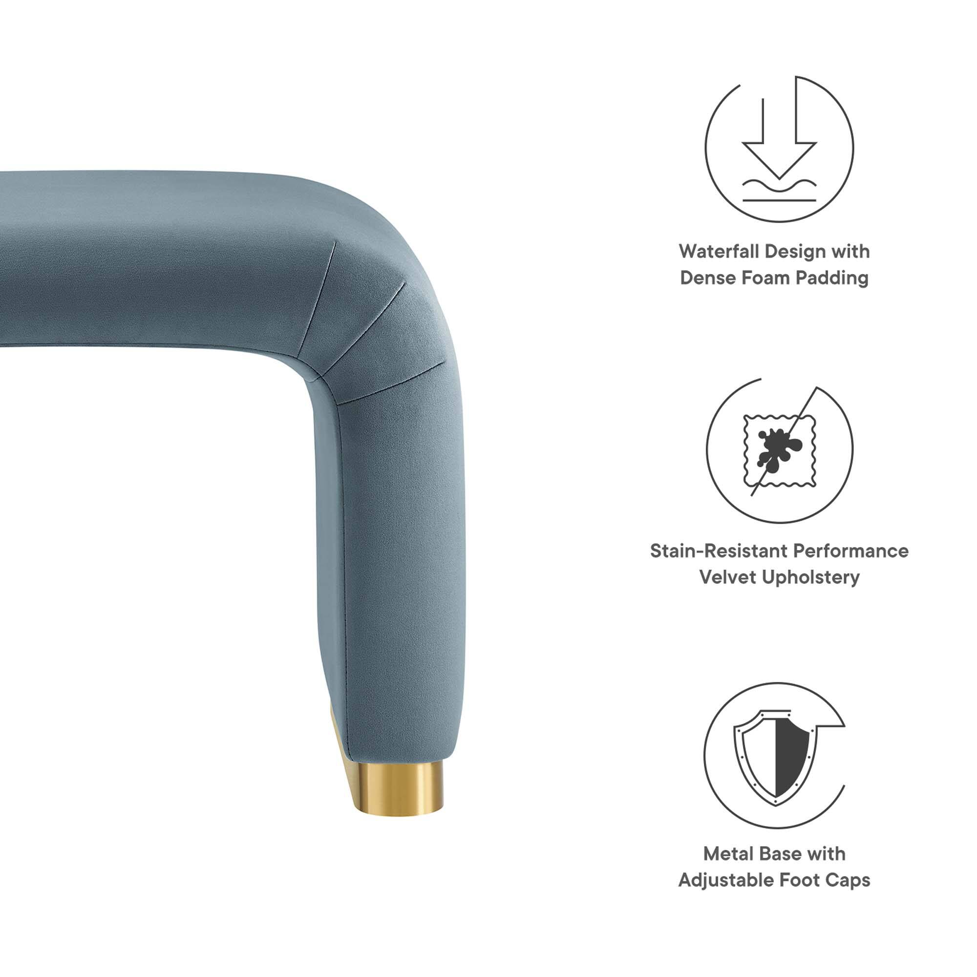 - Waterfall Design with Dense Foam Padding
- Stain-Resistant Performance Velvet Upholstery
- Metal Base with Adjustable Foot Caps