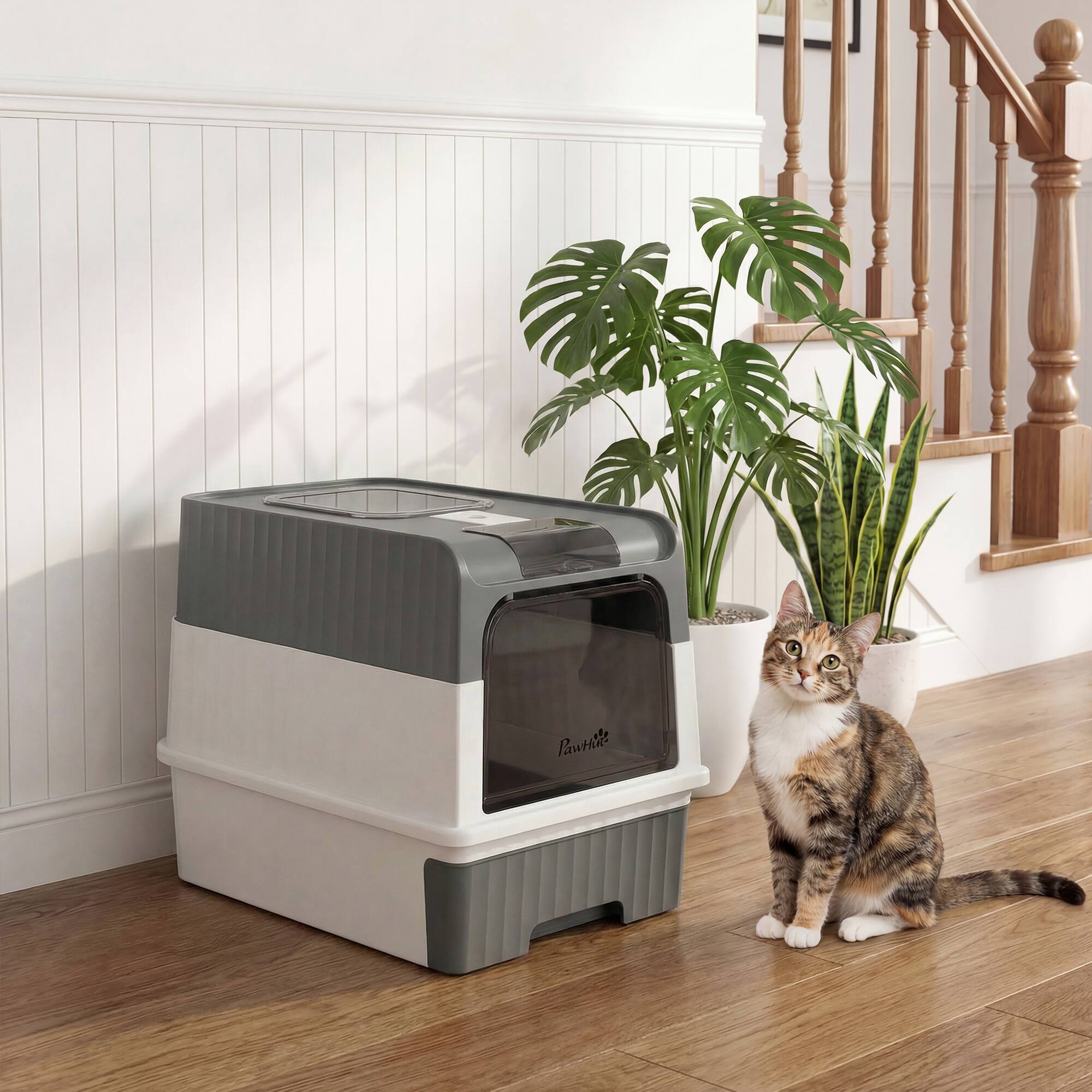 Alt View 1. Pawhut - Litter Box Hooded Cat Litter Tray with Drawer Pan Front Entry & Top Exit Easy Cleaning - Gray.