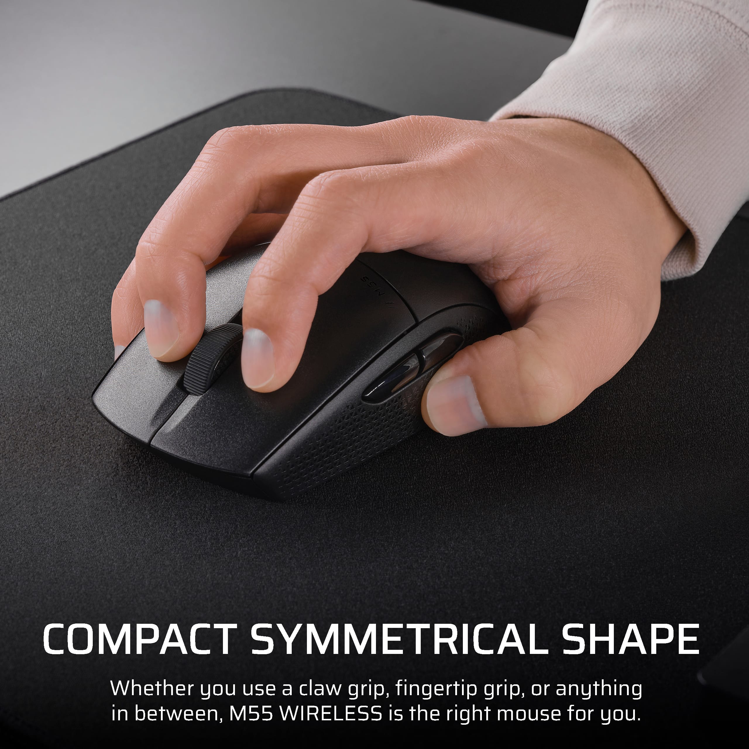 The text on the image reads: "Compact Symmetrical Shape Whether you use a claw grip, fingertip grip, or anything in between, M55 WIRELESS is the right mouse for you."