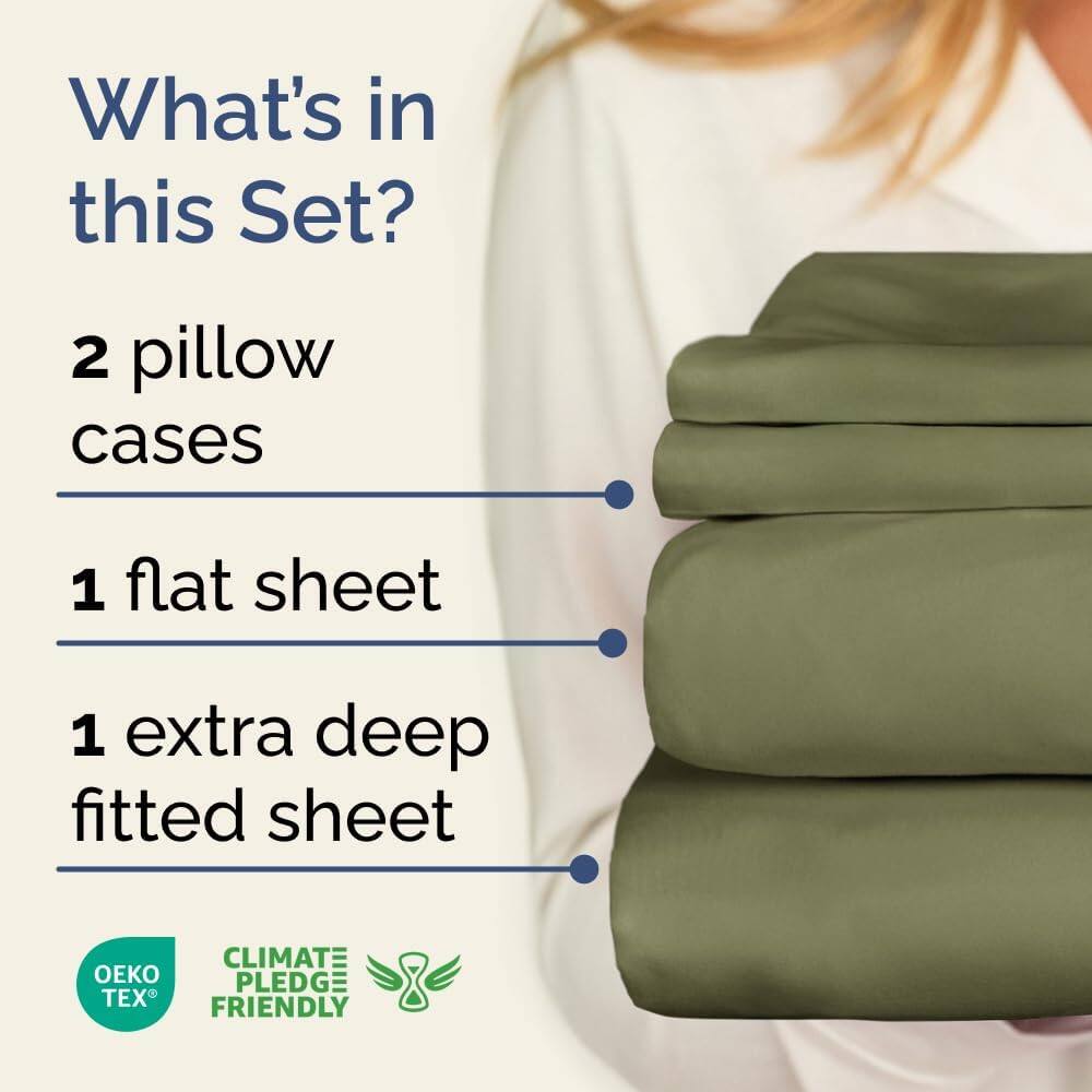 What's in this Set?

- 2 pillow cases
- 1 flat sheet
- 1 extra deep fitted sheet

CLIMATE PLEDGE FRIENDLY

OEKO TEX