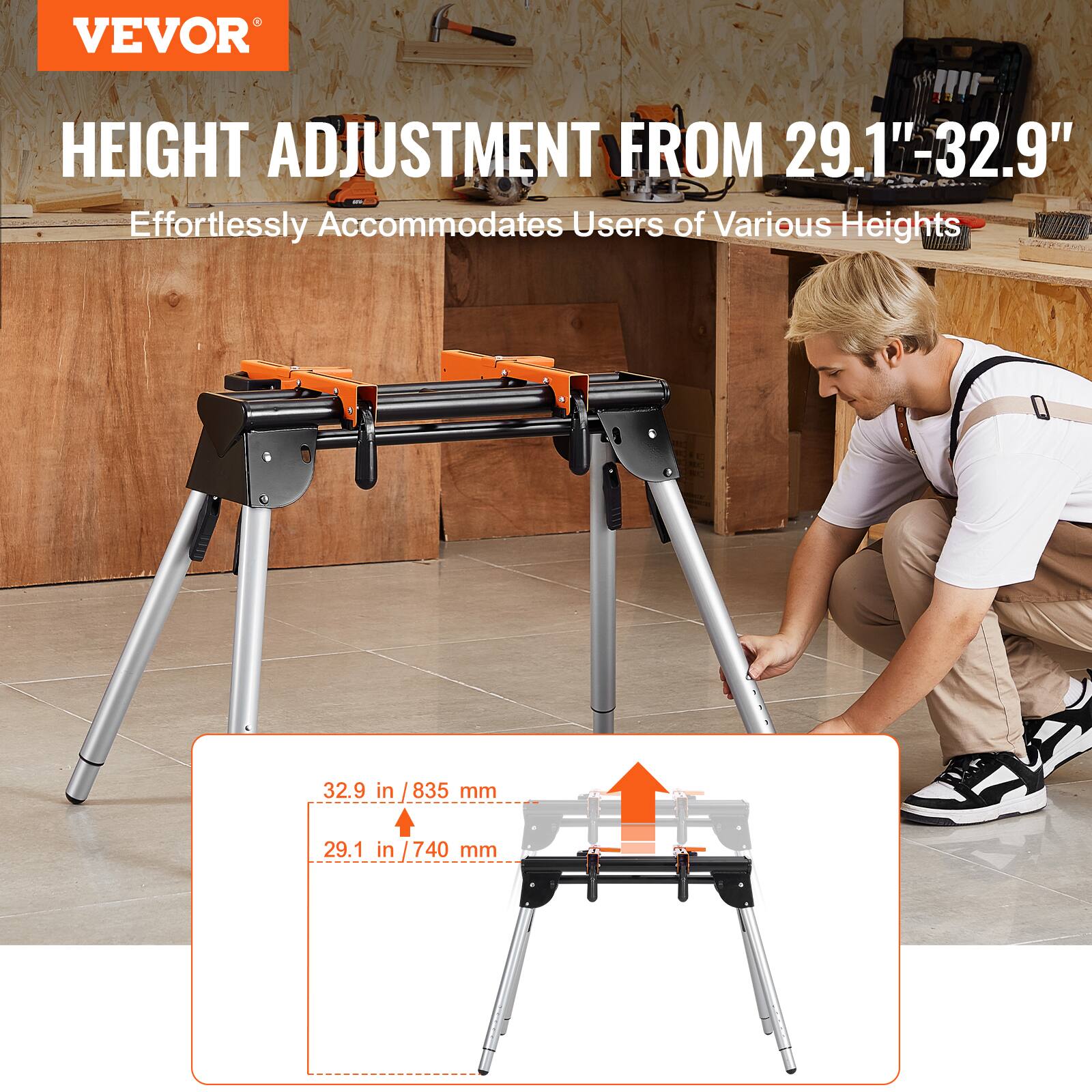 VEVOR

HEIGHT ADJUSTMENT FROM 29.1" - 32.9"

Effortlessly Accommodates Users of Various Heights

32.9 in / 835 mm

29.1 in / 740 mm