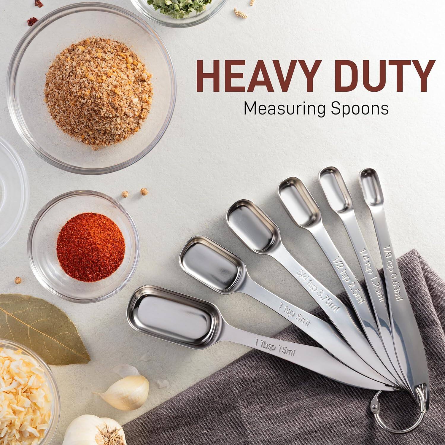 HEAVY DUTY  
Measuring Spoons

1/4 tsp 1.25ml  
1/8 tsp 0.63ml  
1/2 tsp 2.5ml  
3/4 tsp 3.75ml  
1 tsp 5ml  
1 tbsp 15ml
