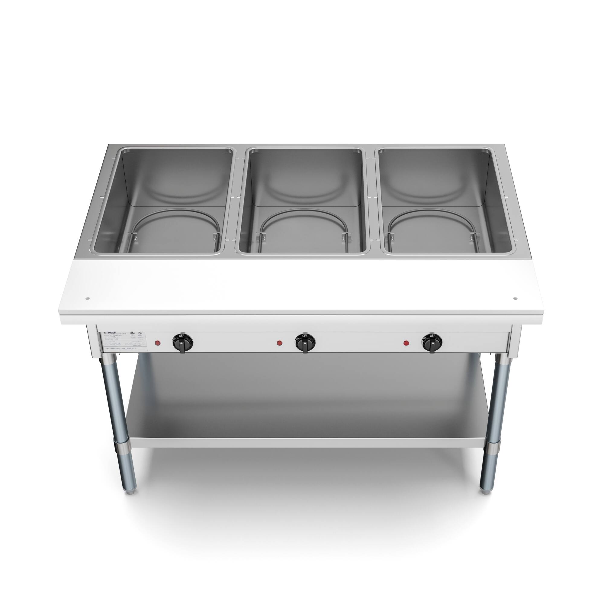 Angle. Koolmore - Three Pan Open Well Electric Steam Table with Undershelf, KM-OWS-3. - Silver.