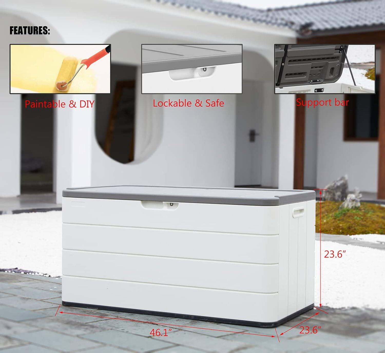 FEATURES:  
- Paintable & DIY  
- Lockable & Safe  
- Support bar  

Dimensions:  
- 23.6"  
- 46.1"  
- 23.6"