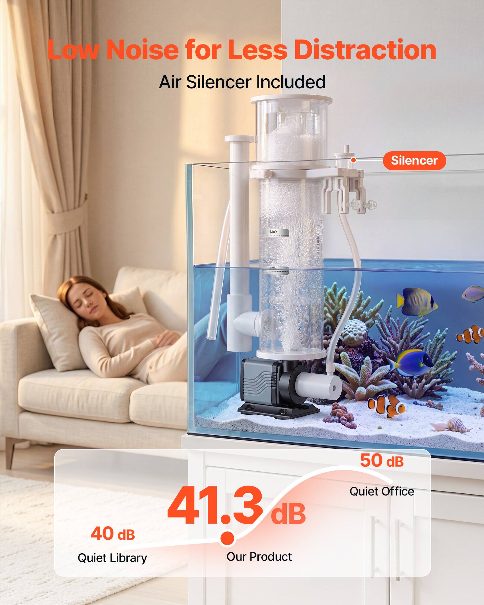 Low Noise for Less Distraction  
Air Silencer Included  
Silencer  
JAN: 41.3 dB  
40 dB Quiet Library  
Our Product  
50 dB Quiet Office