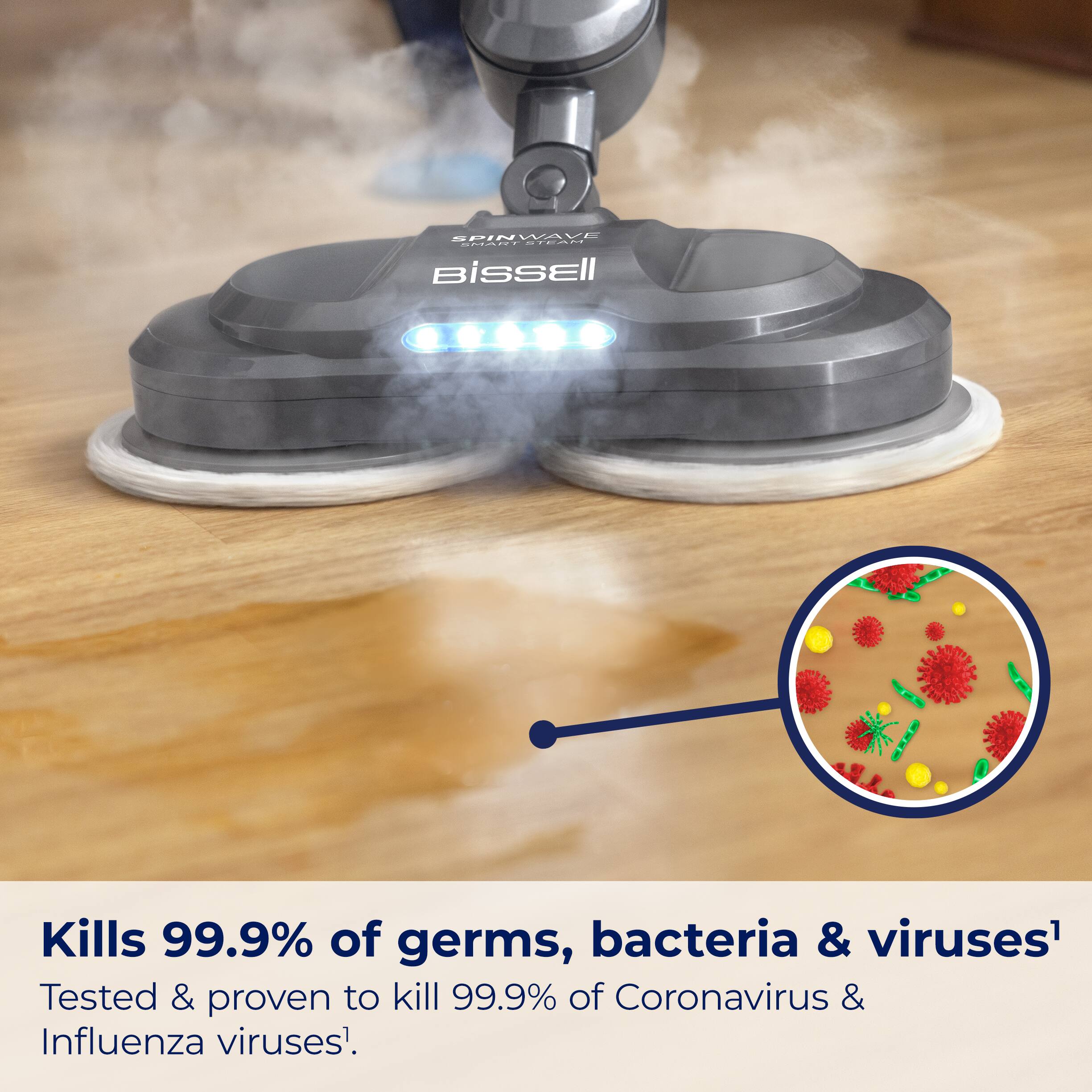 SPINWAVE cOd SMORT BiSSEll Kills 99.9% of germs, bacteria & viruses' Tested & proven to kill 99.9% of Coronavirus & Influenza viruses'.