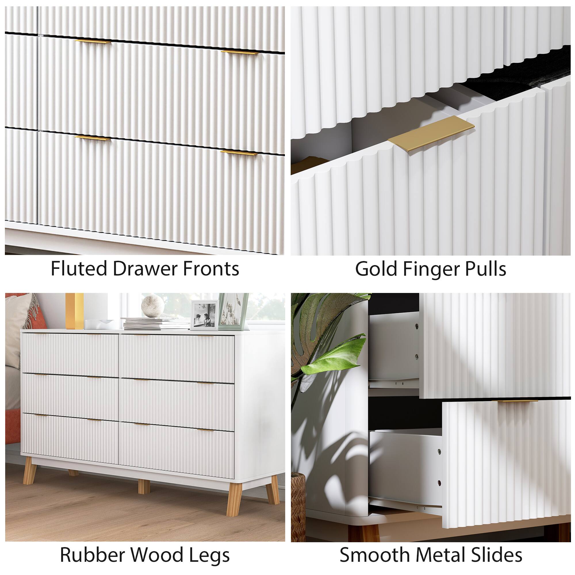 Fluted Drawer Fronts, Gold Finger Pulls, Rubber Wood Legs, Smooth Metal Slides