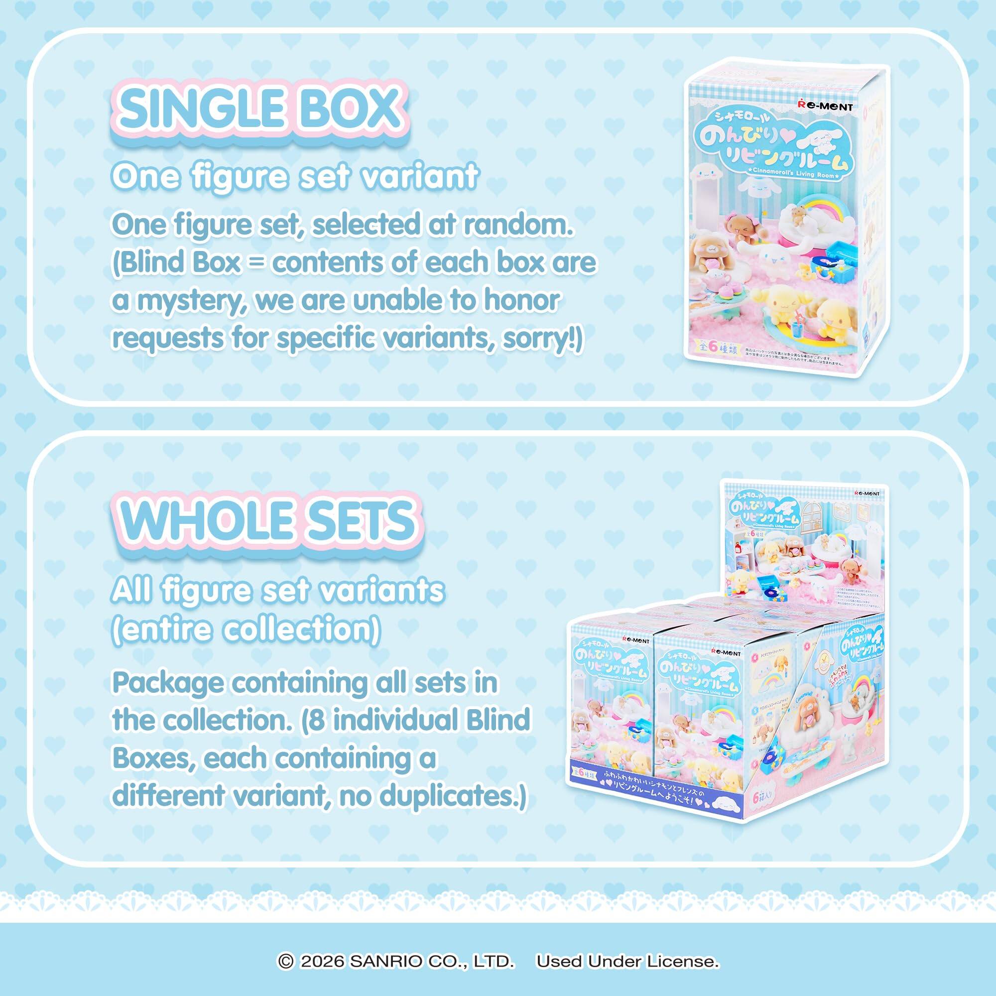 SINGLE BOX  
One figure set variant  
One figure set, selected at random.  
(Blind Box = contents of each box are a mystery, we are unable to honor requests for specific variants, sorry!)

WHOLE SETS  
All figure set variants (entire collection)  
Package containing all sets in the collection. (8 individual Blind Boxes, each containing a different variant, no duplicates.)

© 2026 SANRIO CO., LTD. Used Under License.