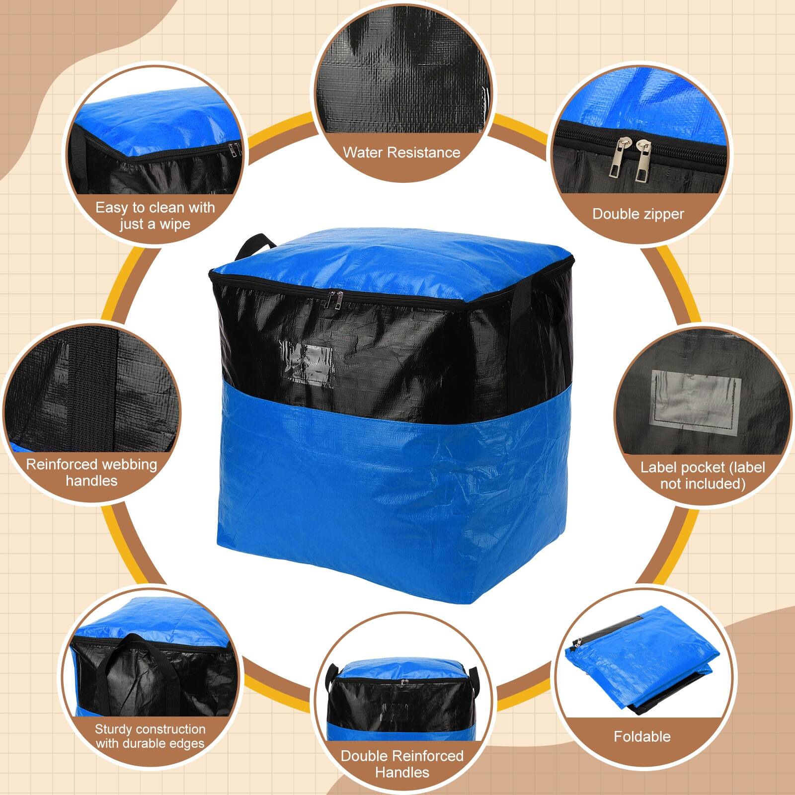 Water Resistance  
Easy to clean with just a wipe  
Double zipper  
Reinforced webbing handles  
Label pocket (label not included)  
Sturdy construction with durable edges  
Double Reinforced Handles  
Foldable