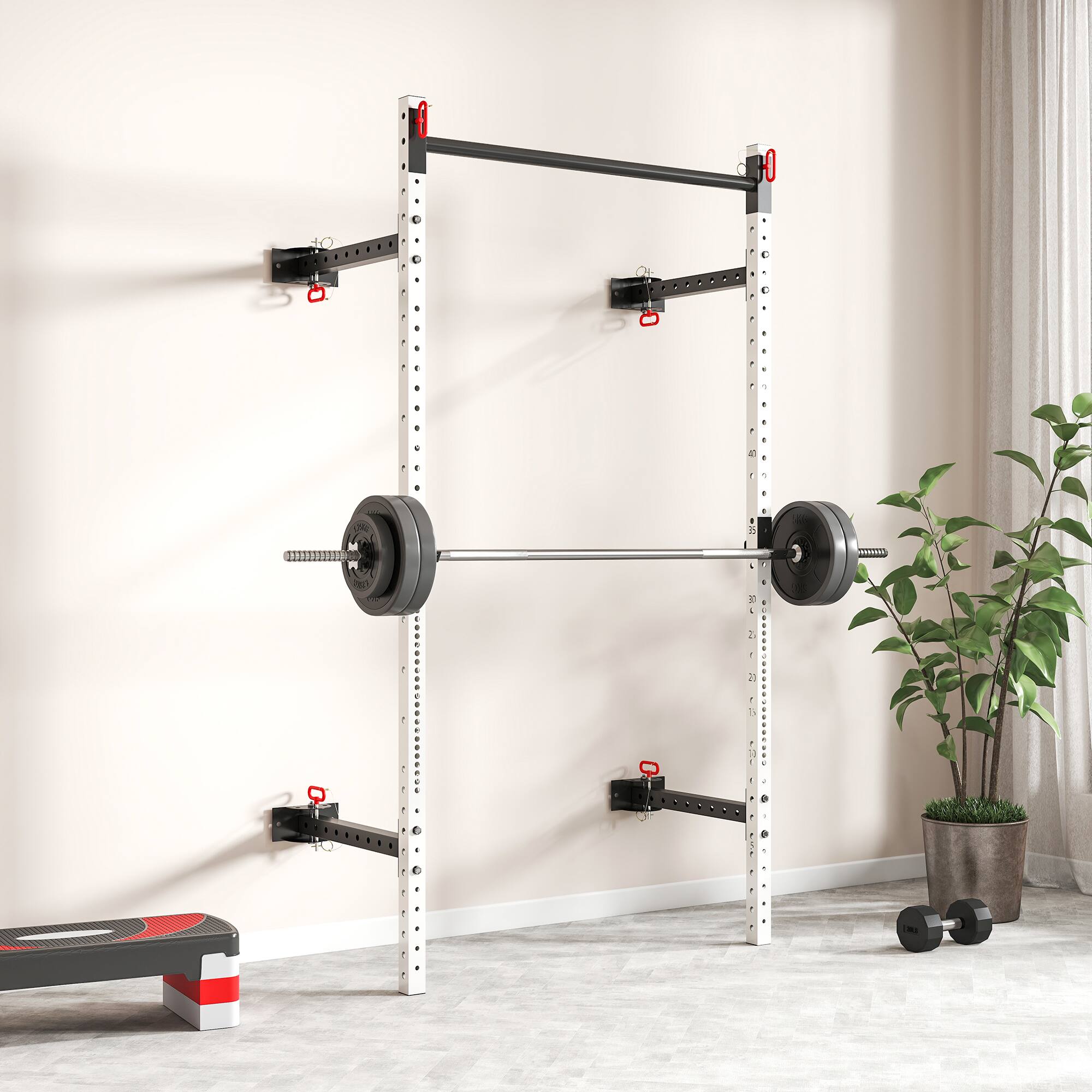Alt View 8. Soozier - Folding Squat Rack with Adjustable Pull-Up Bar, 1000 Pounds Capacity Wall Mounted Power Rack, Adjustable Barbell Rack - White.