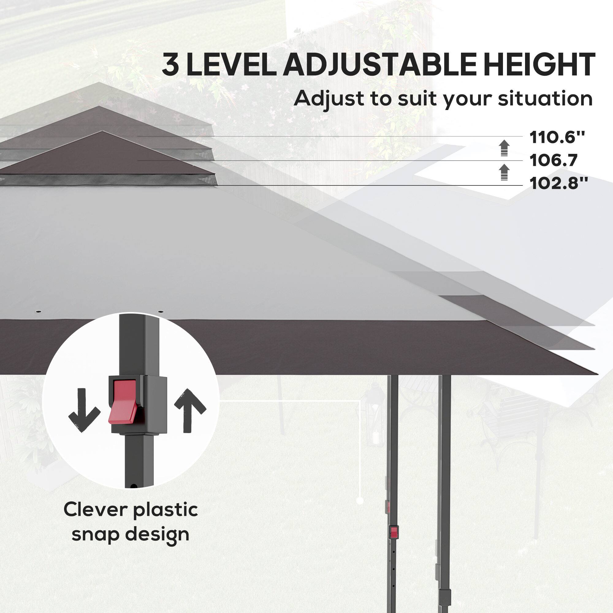 3 LEVEL ADJUSTABLE HEIGHT  
Adjust to suit your situation  
110.6"  
106.7"  
102.8"  

Clever plastic snap design