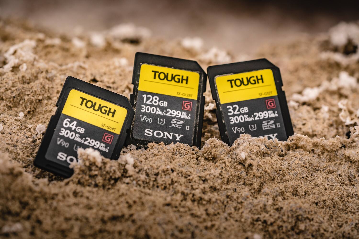 TOUGH  
64GB SF-G64T  
300 MB/s R: 299 MB/s W: V90  

TOUGH  
128GB SF-G128T  
300 MB/s R: 299 MB/s W: V90  

TOUGH  
32GB SF-G32T  
300 MB/s R: 299 MB/s W: V90  

SONY
