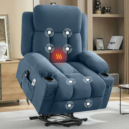 Front. Kadyn - Power Lift Recliner with Heat & Massage, Electric Fabric Recliner with Side Pocket & USB Port - Blue.
