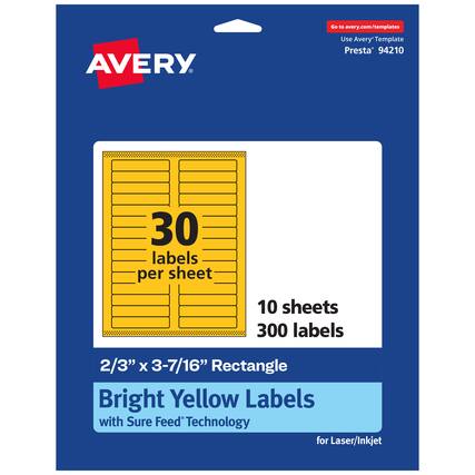 Go to avery.com/templates
AVERY
Use Avery Template Presta® 94210
30 labels per sheet
10 sheets
300 labels
2/3" x 3-7/16" Rectangle
Bright Yellow Labels with Sure Feed Technology for Laser/Inkjet