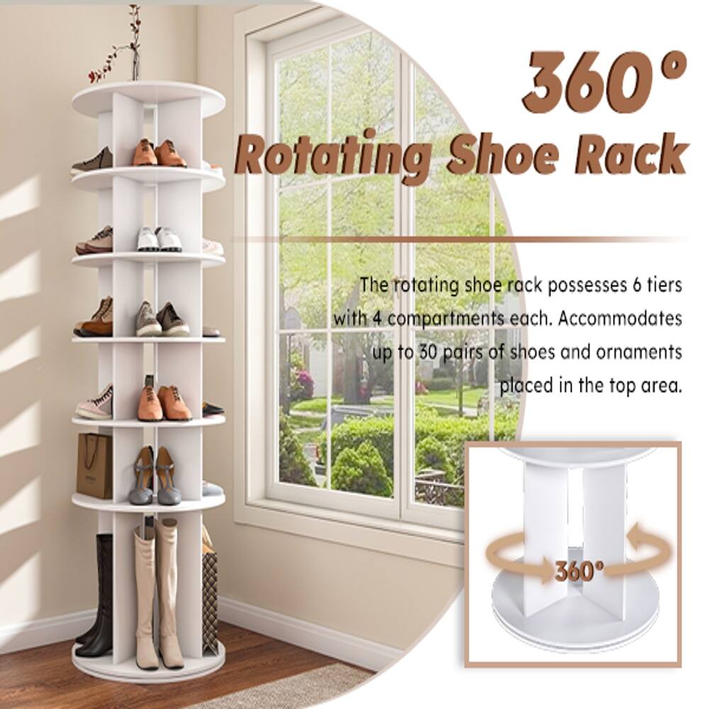 360° Rotating Shoe Rack

The rotating shoe rack possesses 6 tiers with 4 compartments each. Accommodates up to 30 pairs of shoes and ornaments placed in the top area.