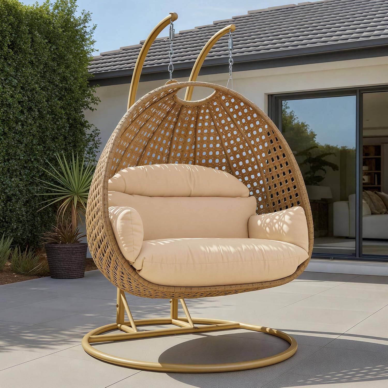 Angle. LeisureMod - LeisureMod 2-Person Swing Chair Cushion, Plush Oxford Fabric, Weather-Resistant Hanging Egg Chair Replacement - Cream.