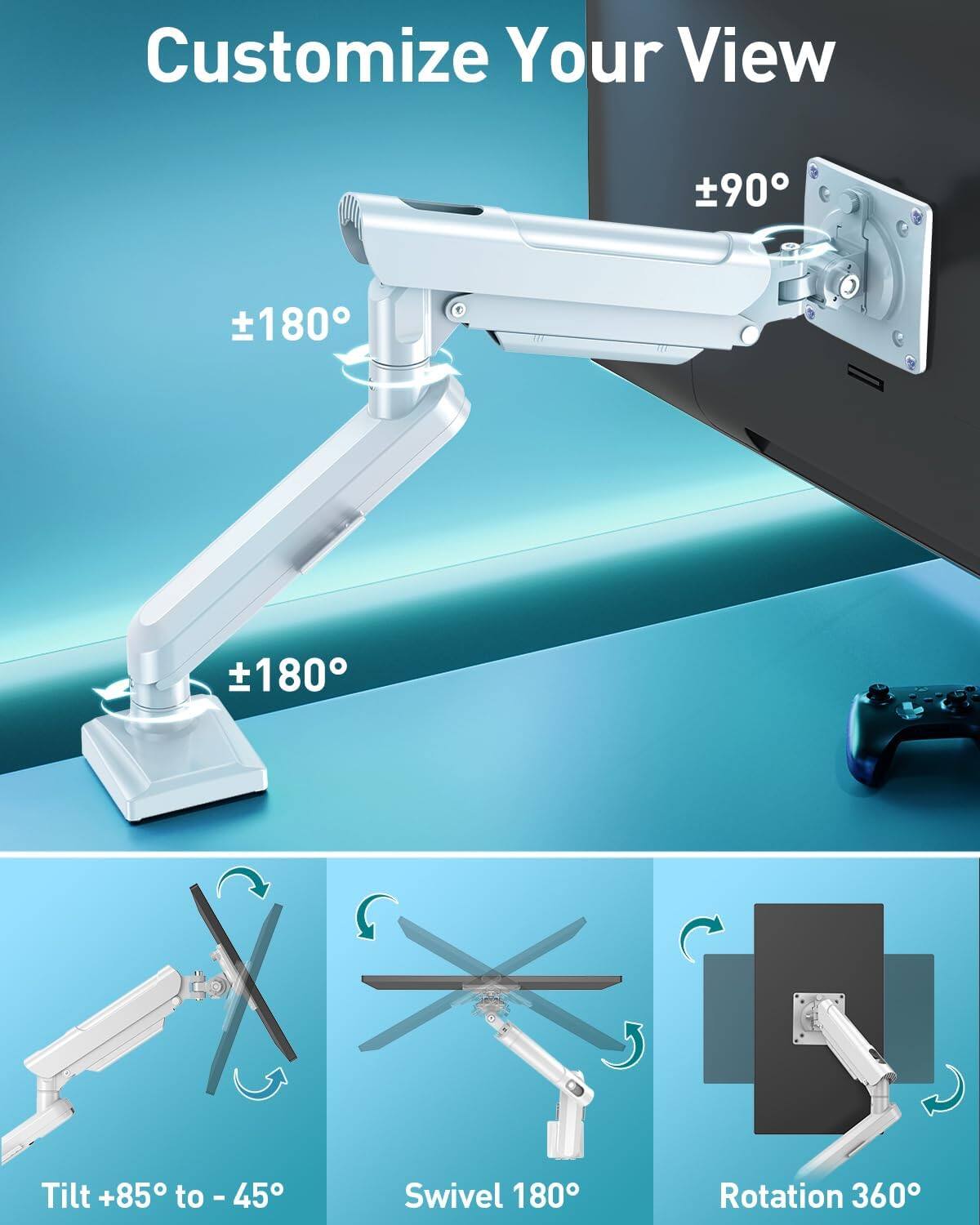 Customize Your View

- Tilt +85° to -45°
- Swivel 180°
- Rotation 360°

±90°
±180°
±180°