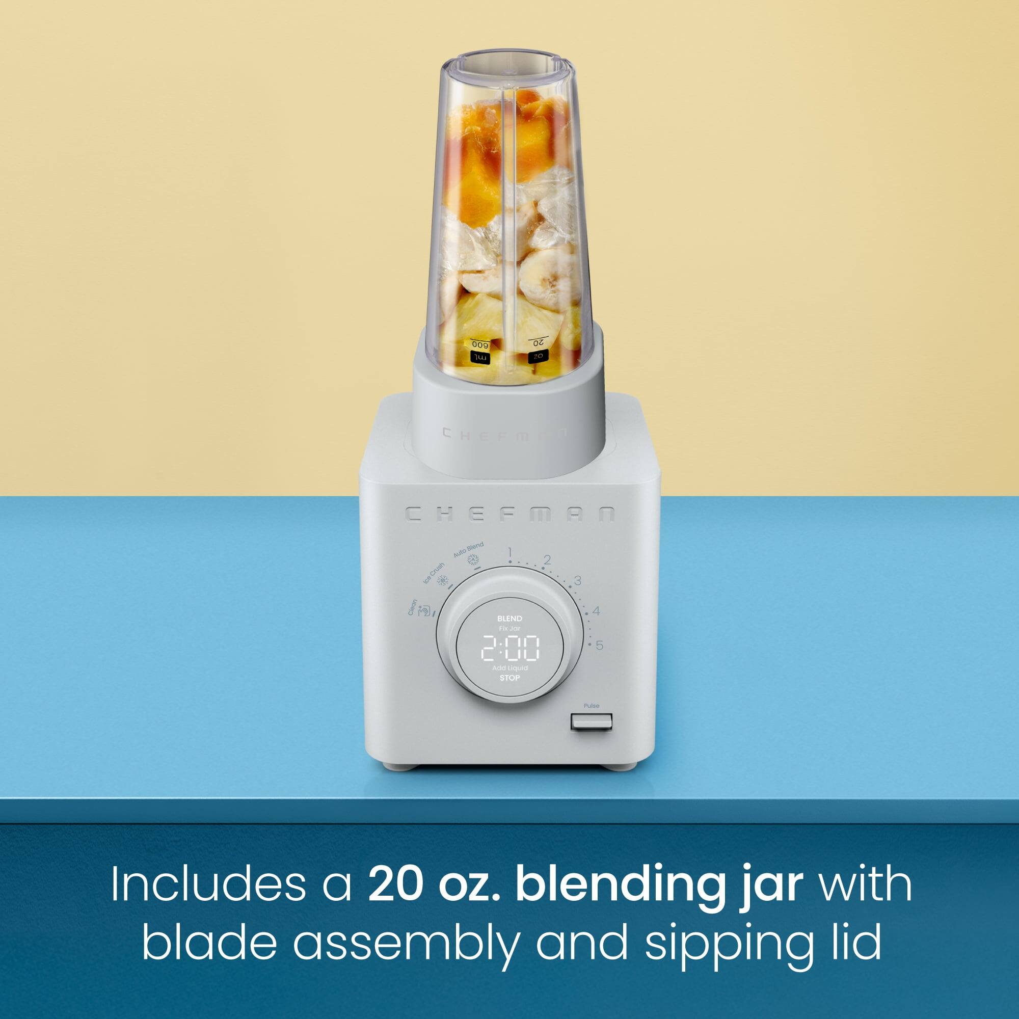 Includes a 20 oz. blending jar with blade assembly and sipping lid