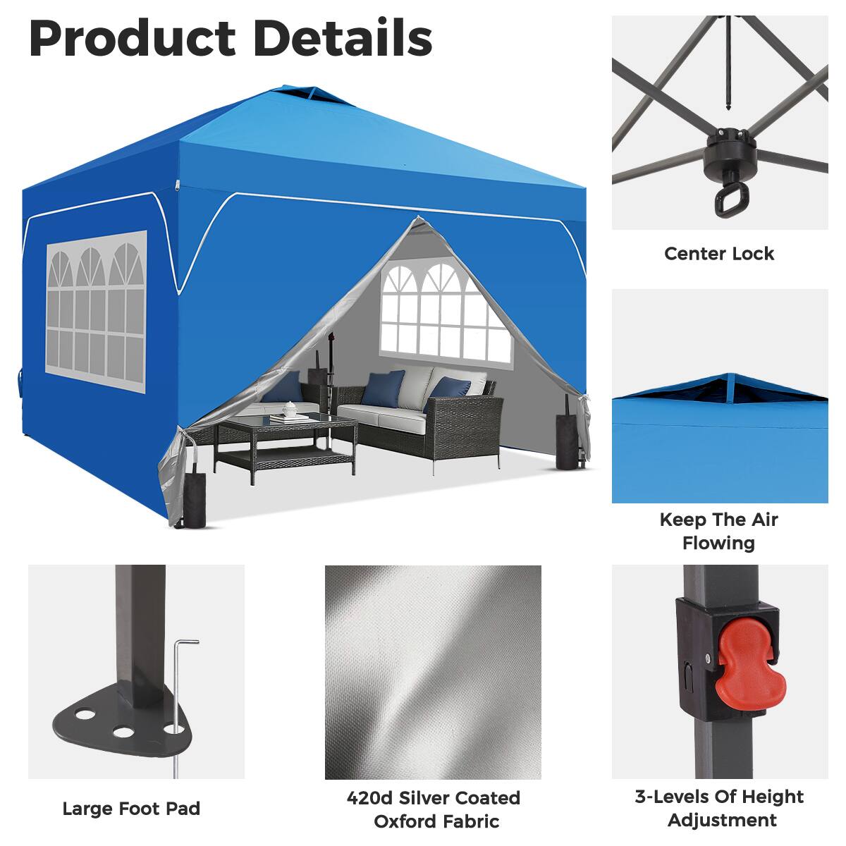 Product Details

- Center Lock
- Keep The Air Flowing
- Large Foot Pad
- 420d Silver Coated Oxford Fabric
- 3-Levels Of Height Adjustment