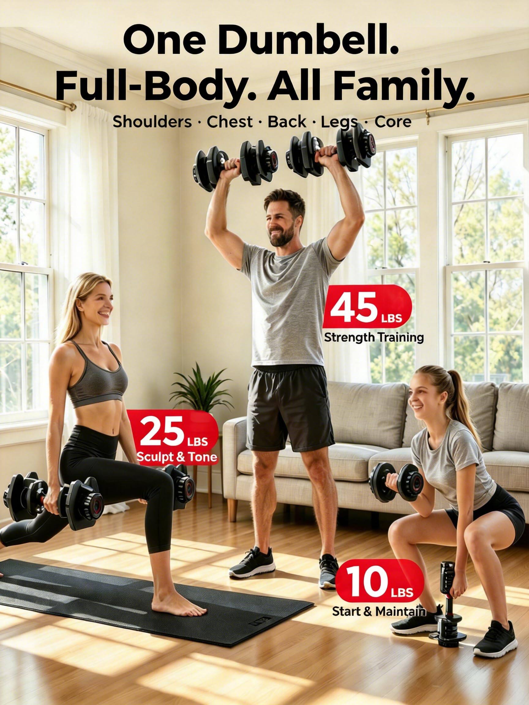 One Dumbbell. Full-Body. All Family. Shoulders Chest Back Legs Core 45 LBS Strength Training 25 LBS Sculpt & Tone 10 LBS Start & Maintain