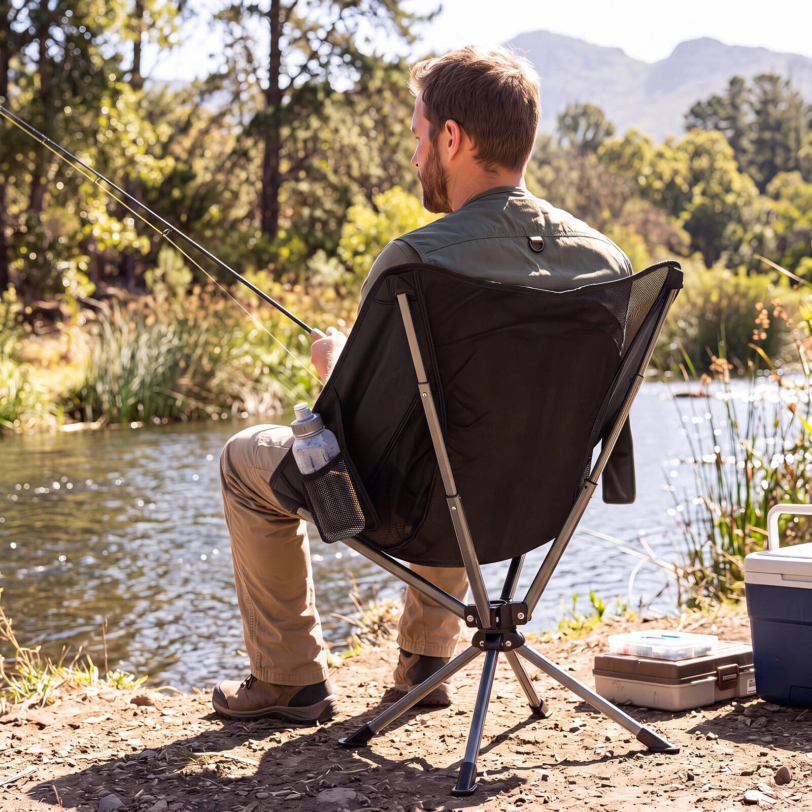 Alt View 3. Costway - Costway 360° Swivel Camping Chair, Lightweight Portable Folding Chair with Cup Holder - Black.