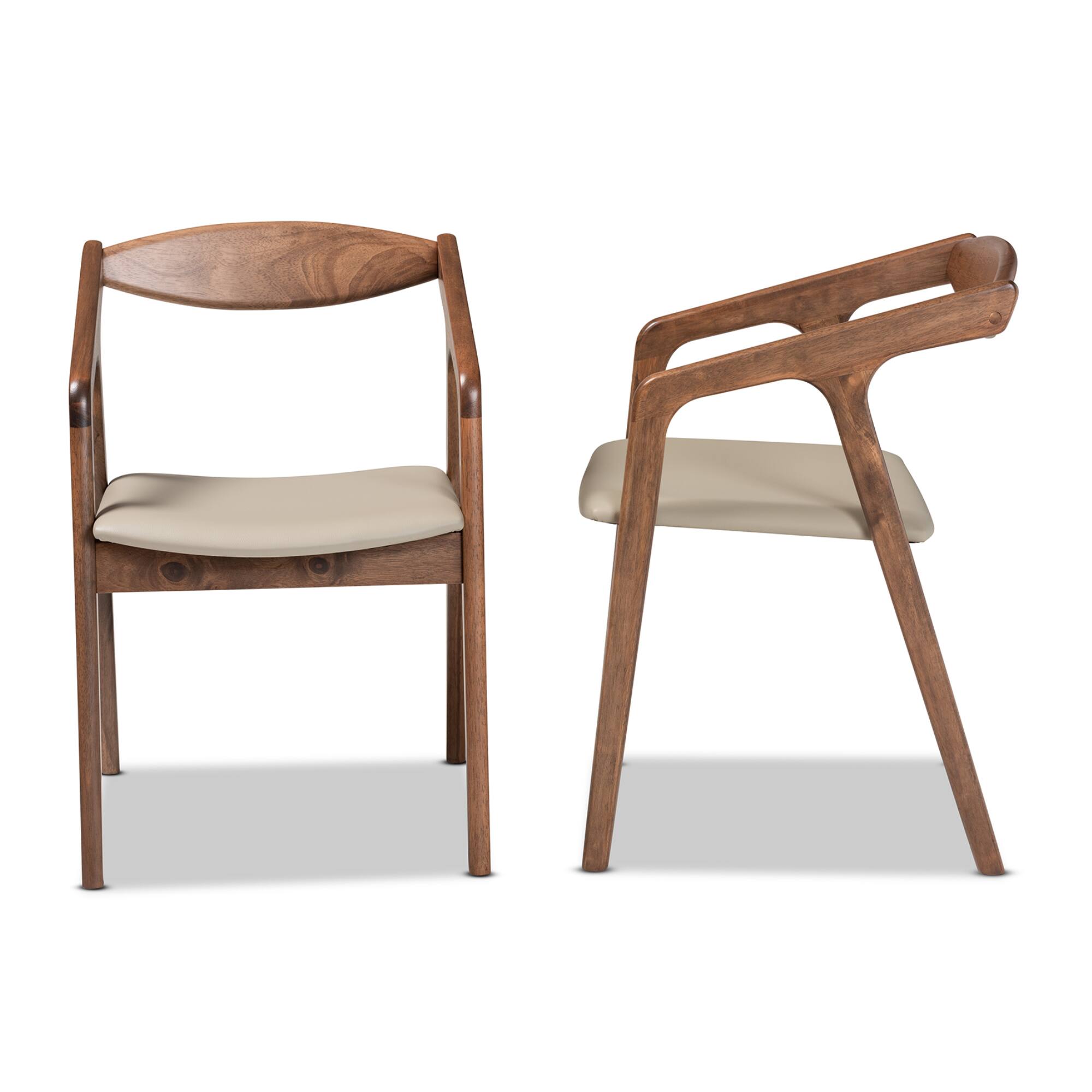 Left. Baxton Studio - Harland Mid Century Faux Leather Upholstered and Finished Wood 2-Piece Dining Chair Set - Grey/Walnut Brown.