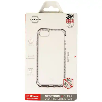ITSKINS
UP TO 3M METER* ANTI SHOCK 10FEET*
SHOCK ABSORBING
RAISED CORNERS
WITH ENGINEERED XTRA DOH
STAY CLEAR
ITSKINS
ANTIMICROBIAL
Fits iPhone SPECTRUM II CLEAR SE(2020)/8/7/6s/6 DROP PROTECTION CASE