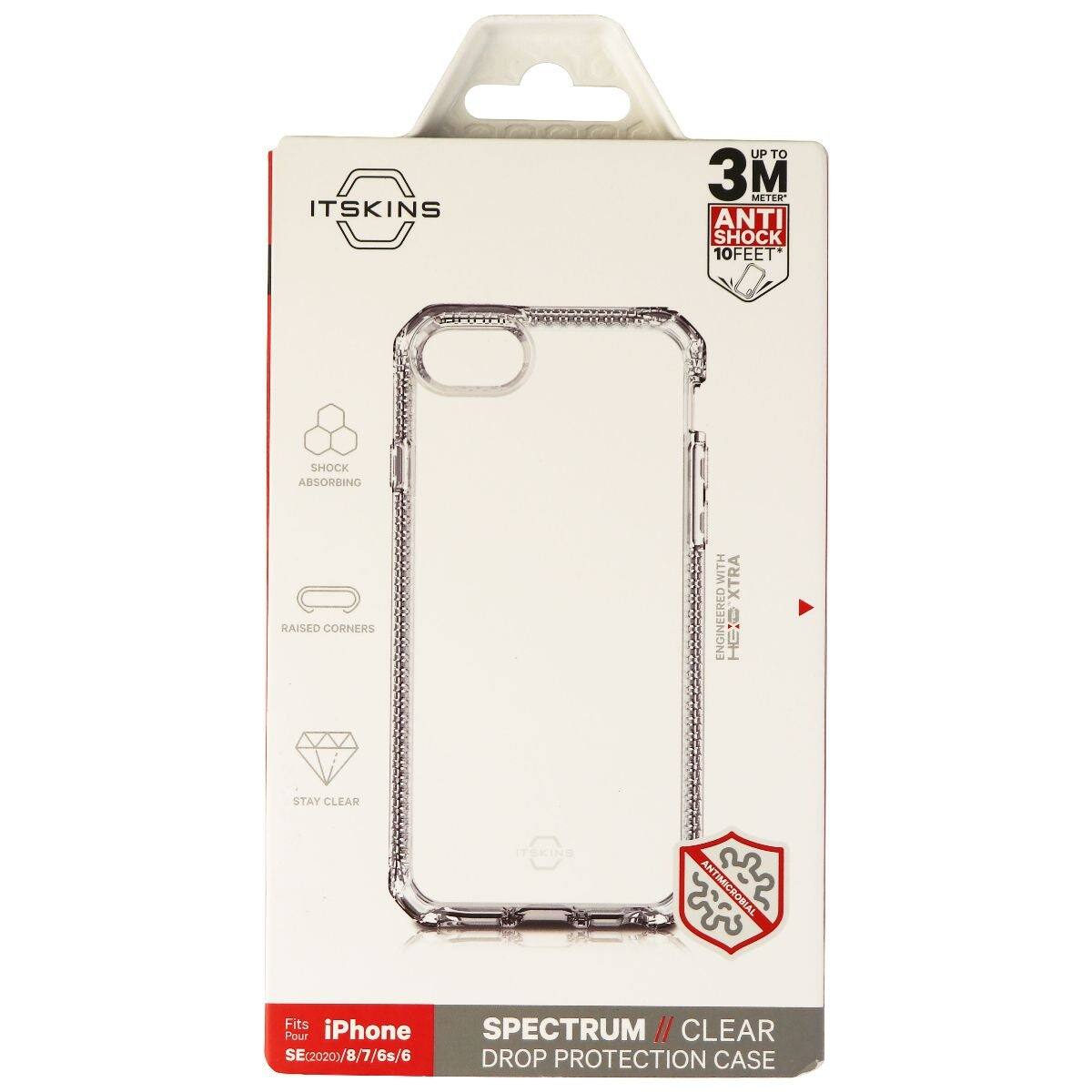 ITSKINS  
UP TO 3M METER* ANTI SHOCK 10FEET*  
SHOCK ABSORBING  
RAISED CORNERS  
WITH ENGINEERED XTRA DOH  
STAY CLEAR  
ITSKINS  
ANTIMICROBIAL  
Fits iPhone SPECTRUM II CLEAR SE(2020)/8/7/6s/6 DROP PROTECTION CASE