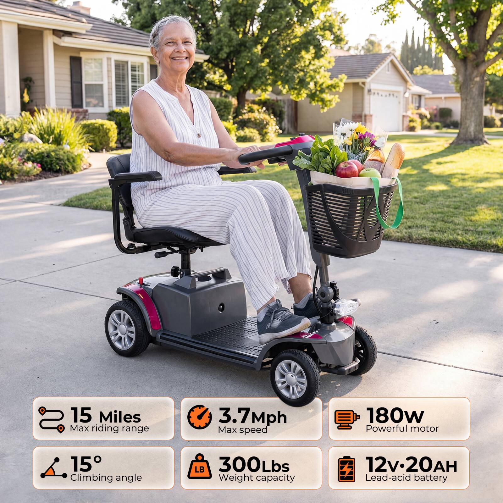 15 Miles Max riding range  
3.7 Mph Max speed  
180w Powerful motor  
15 Climbing angle  
300Lbs Weight capacity  
12v20AH Lead-acid battery