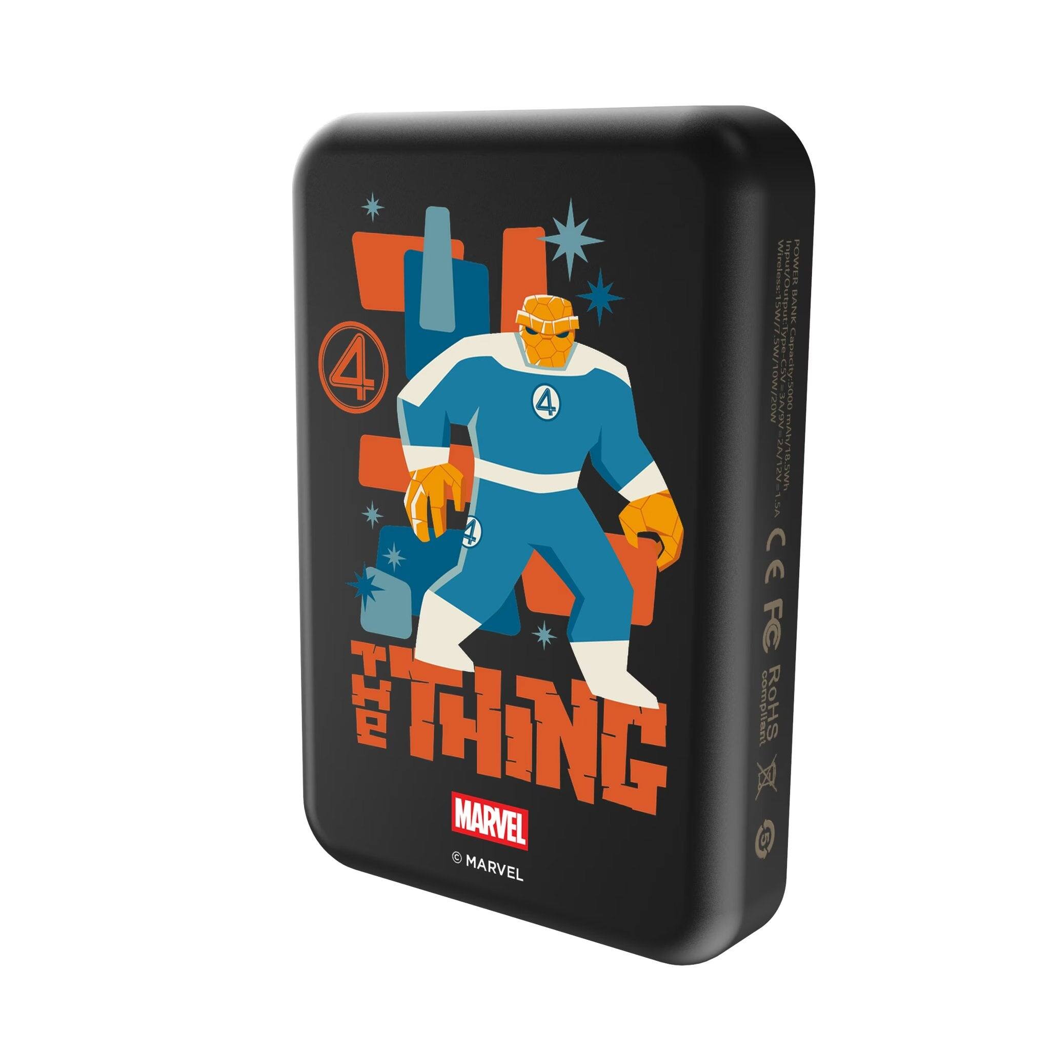 Sure, here is the corrected and grouped text from the image:

---

**Front:**

- 4
- THE THING
- MARVEL
- © MARVEL

**Side:**

- PEWIER Wirdtess/1ow/ puzolma BANK SN 4 SwON/2oN I SODO 4 A 342 mad NV mak/i8.cwn Ssh - AC CE FC HE TING complient RoHS X MARVEL

---

**Additional Symbols and Text:**

- CE
- RoHS
- (Various certification symbols)

---