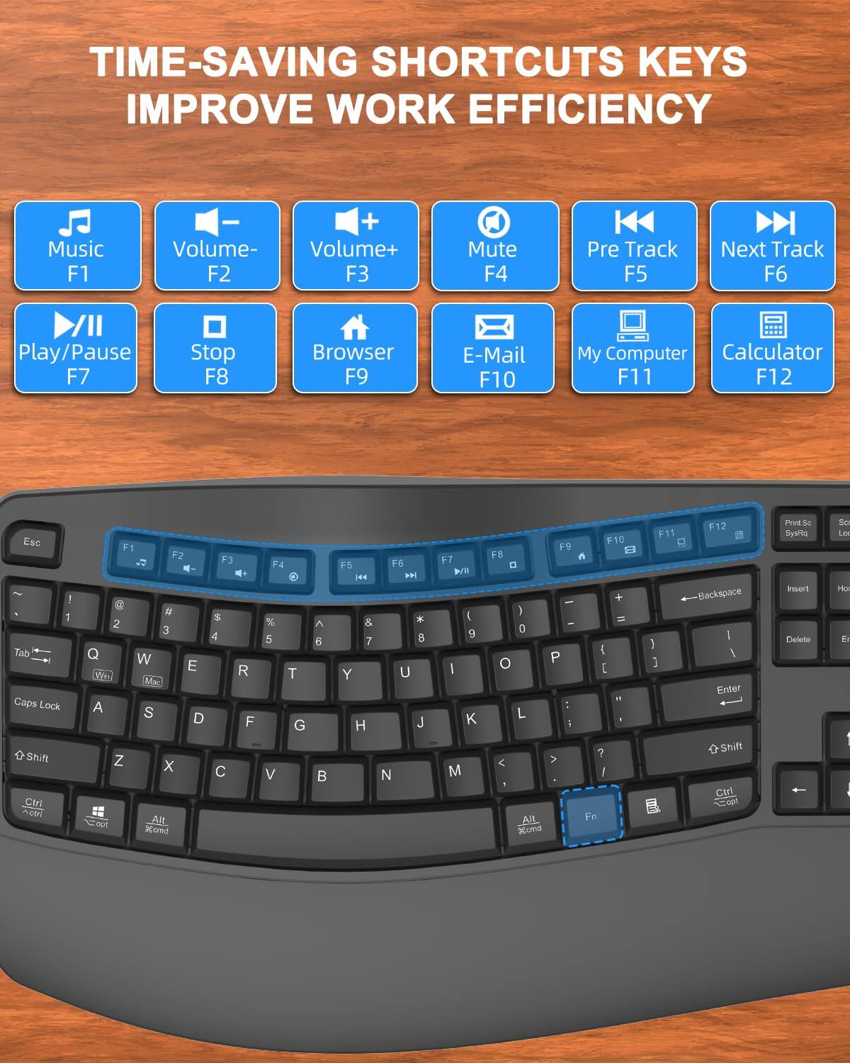 TIME-SAVING SHORTCUTS KEYS IMPROVE WORK EFFICIENCY

- Music F1
- Volume- F2
- Volume+ F3
- Mute F4
- Pre Track F5
- Next Track F6
- Play/Pause F7
- Stop F8
- Browser F9
- E-Mail F10
- My Computer F11
- Calculator F12

Esc 1 Tab Caps Lock Shift Ctrl Fn Alt Fn 3cmd F1 F2 # 2 3 Q W E R T Y U I O P [ " L I ? < >  Alt Fn 3cmd F11 ) 1 F12 Backspace I I Enter Shift Ctrl OP N& Se Bysfls Insert Delote 50 Lor H E : :