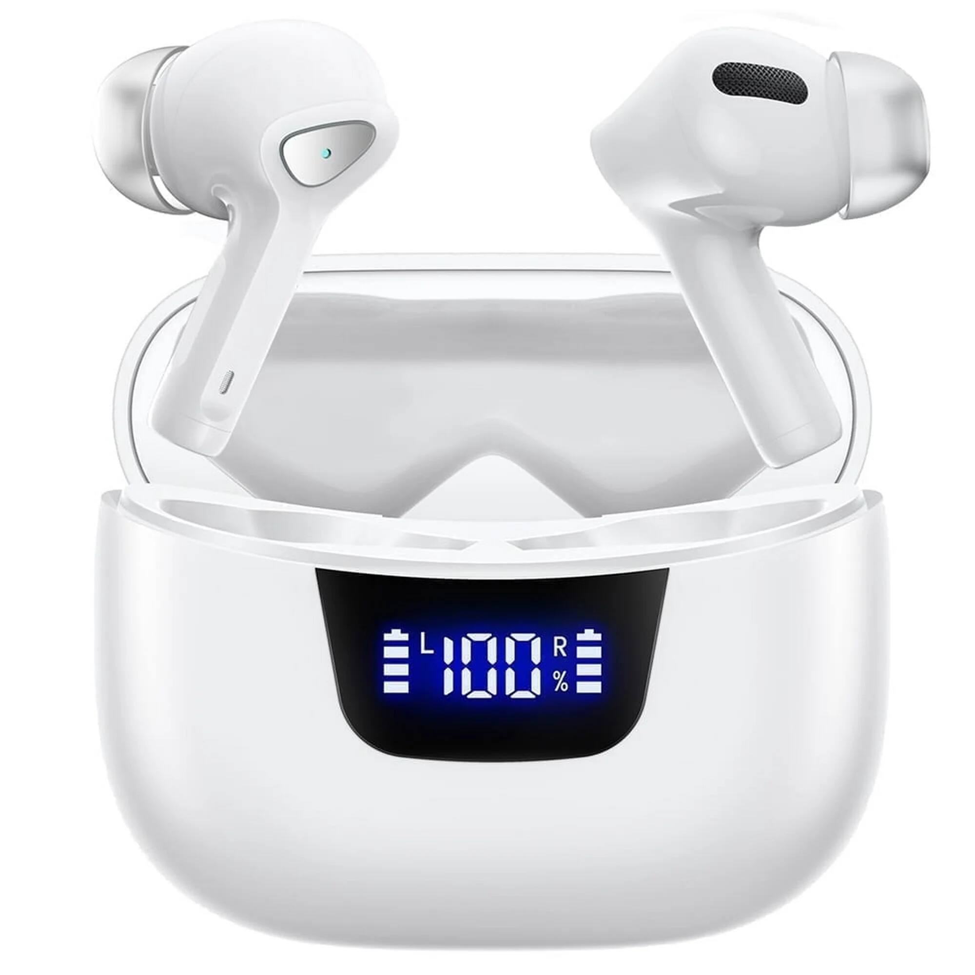 Front. MOVSSOU - True Wireless Bluetooth Earbuds LED Display Bluetooth 5.0 White - white.