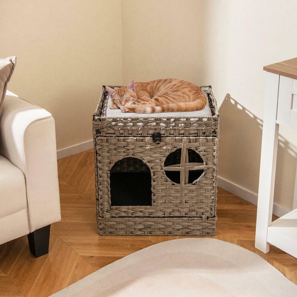 Back. Pefilos - Foldable 2-Tier Rattan Cat Litter Box Enclosure with Included Mat - Gray.