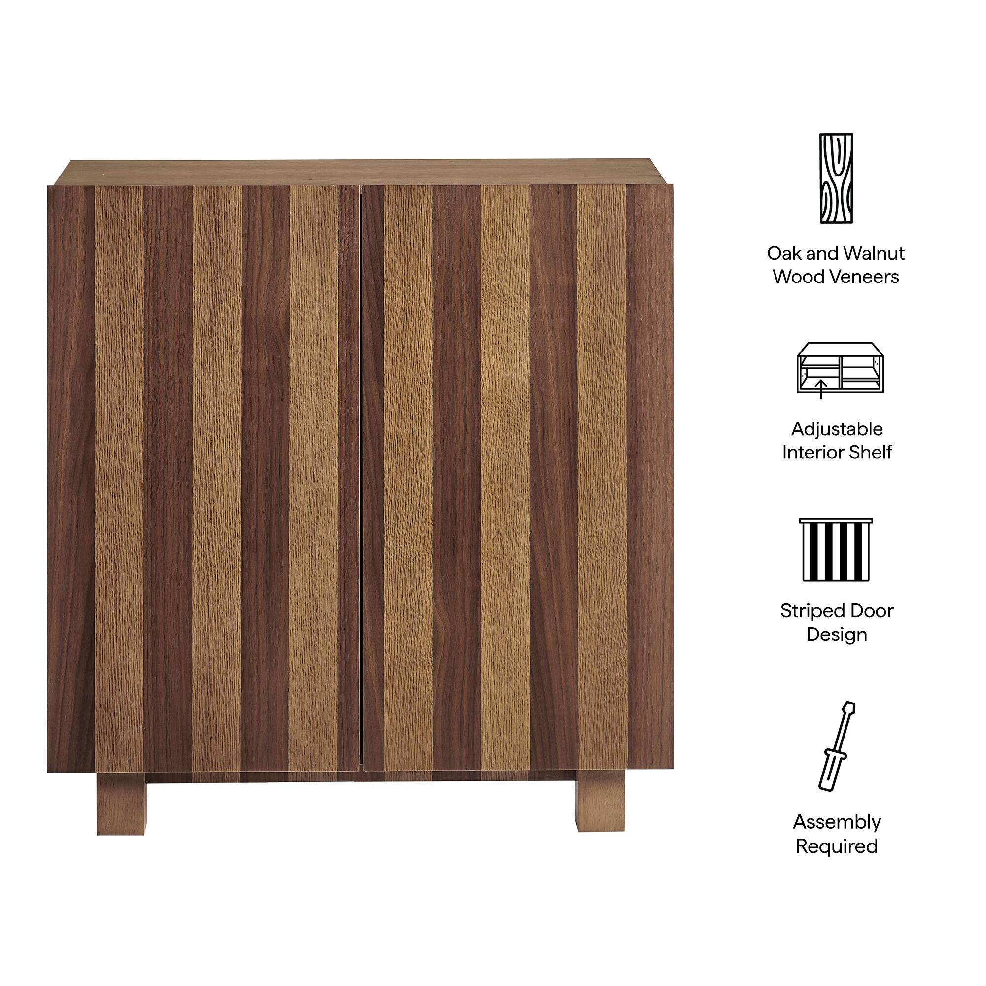 Oak and Walnut Wood Veneers Adjustable Interior Shelf Striped Door Design Assembly Required