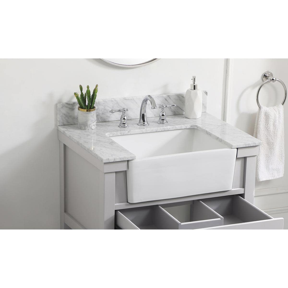 Left. Elegant Kitchen and Bath - 30 inch backsplash in carrara white - Carrara White.