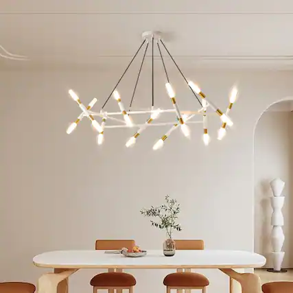 Front. LUCKY ONE - 41in Hanging Branch Chandelier, 20-Light White Gold Modern Pendant for Dining Room Kitchen Island - White.